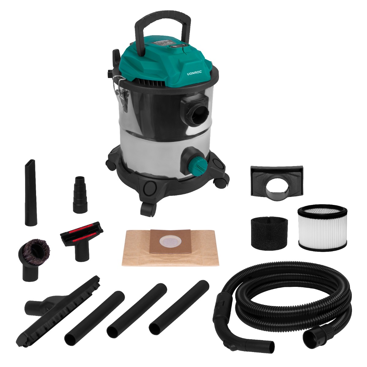 An assembled vacuum cleaner with various attachments. The vacuum has a teal top and silver body. Accessories include hoses and filters.