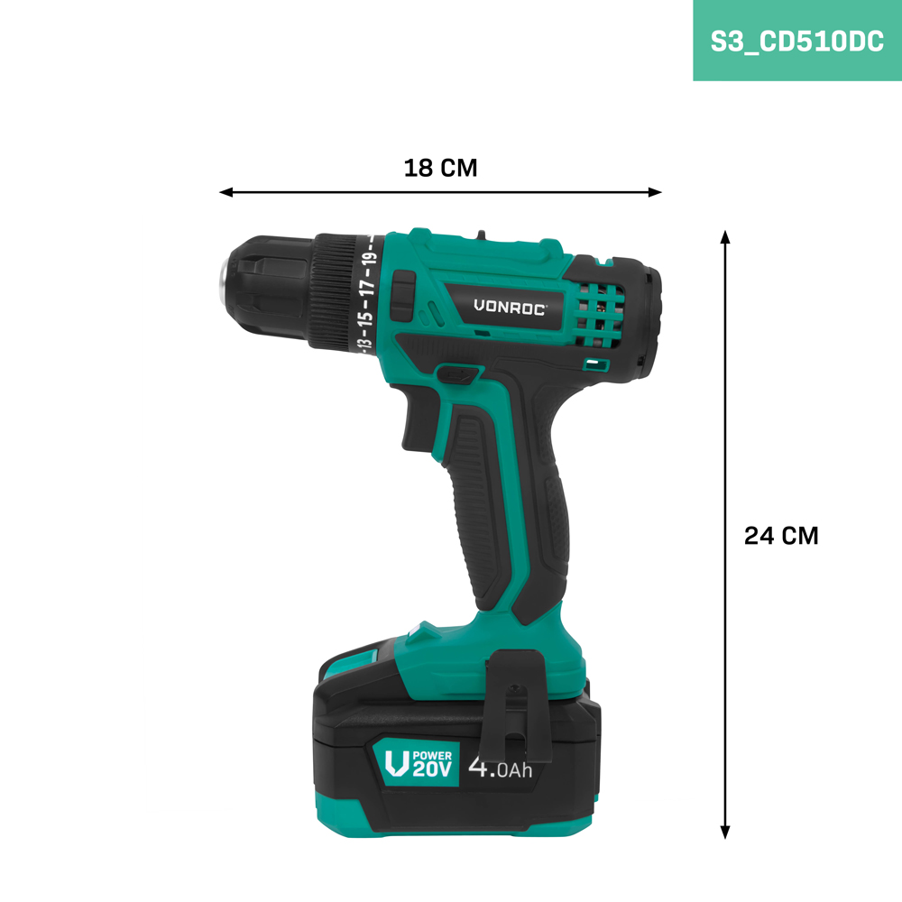 A teal and black cordless drill, the VOnroc. Dimensions are 18cm wide, 24cm tall. Battery is 20V, 4.0Ah.