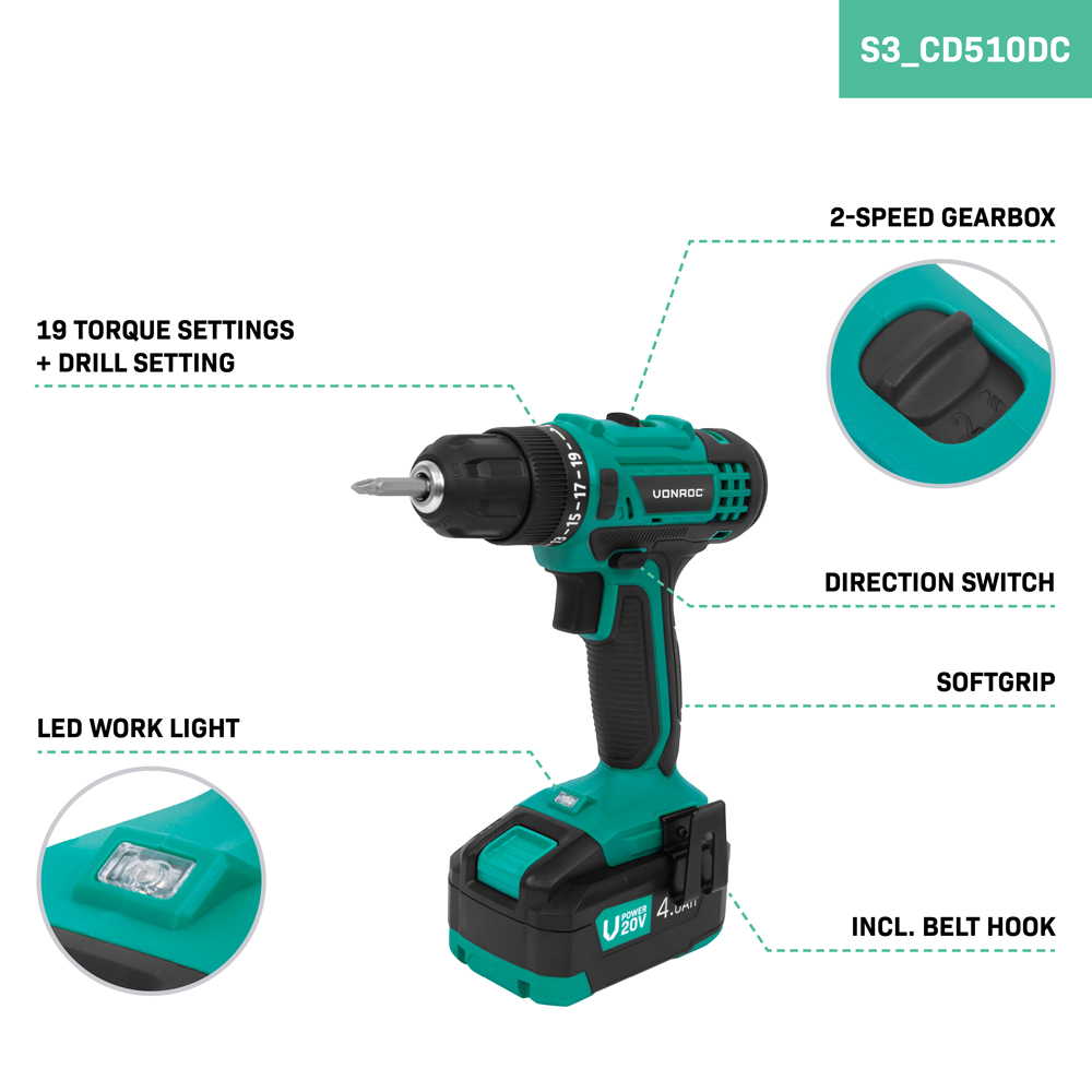 A teal and black cordless drill with a silver drill bit is shown. Features include torque settings, LED light, and belt hook.