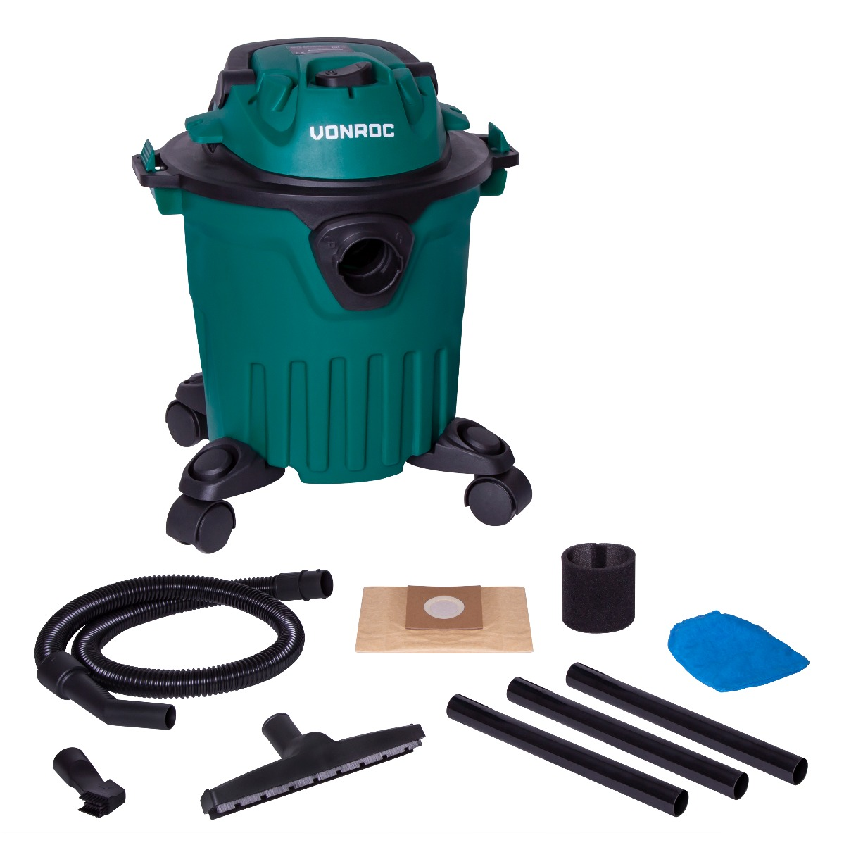 Green and black VORONC wet/dry vacuum with accessories. Includes a hose, filters, and tubes. Set on a white background.