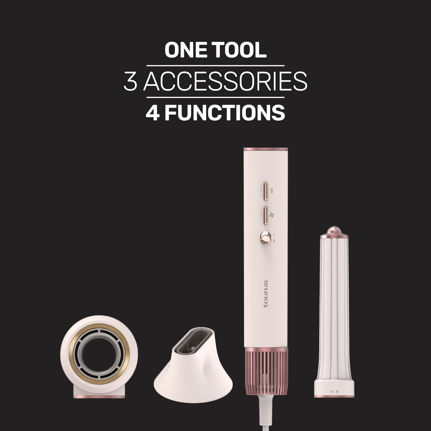 Uno strumento per lo styling dei capelli bianco e oro rosa con tre accessori. Il testo dice: uno strumento, tre accessori, quattro funzioni. Sfondo nero.