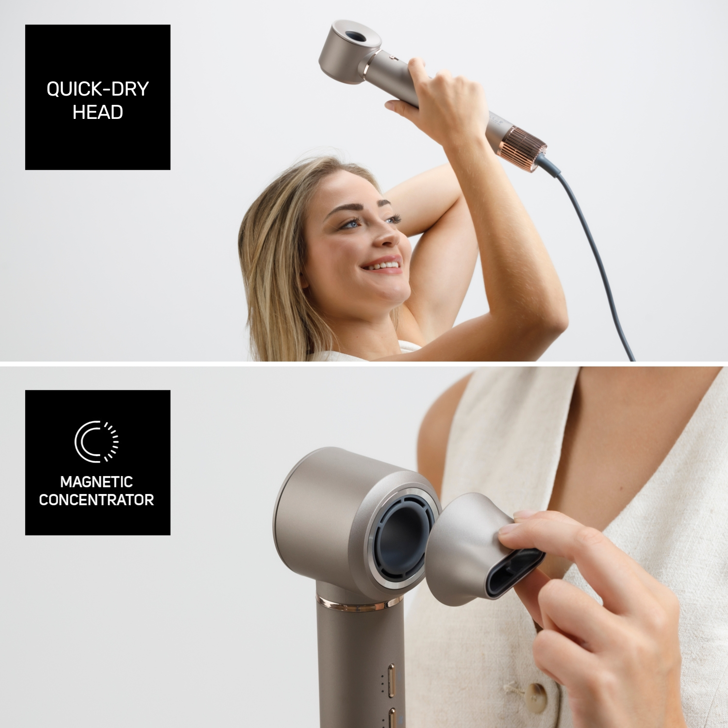 Una mujer usando un secador de pelo plateado. La imagen muestra el cabezal de secado rápido y el concentrador magnético, y una mujer sonriendo.