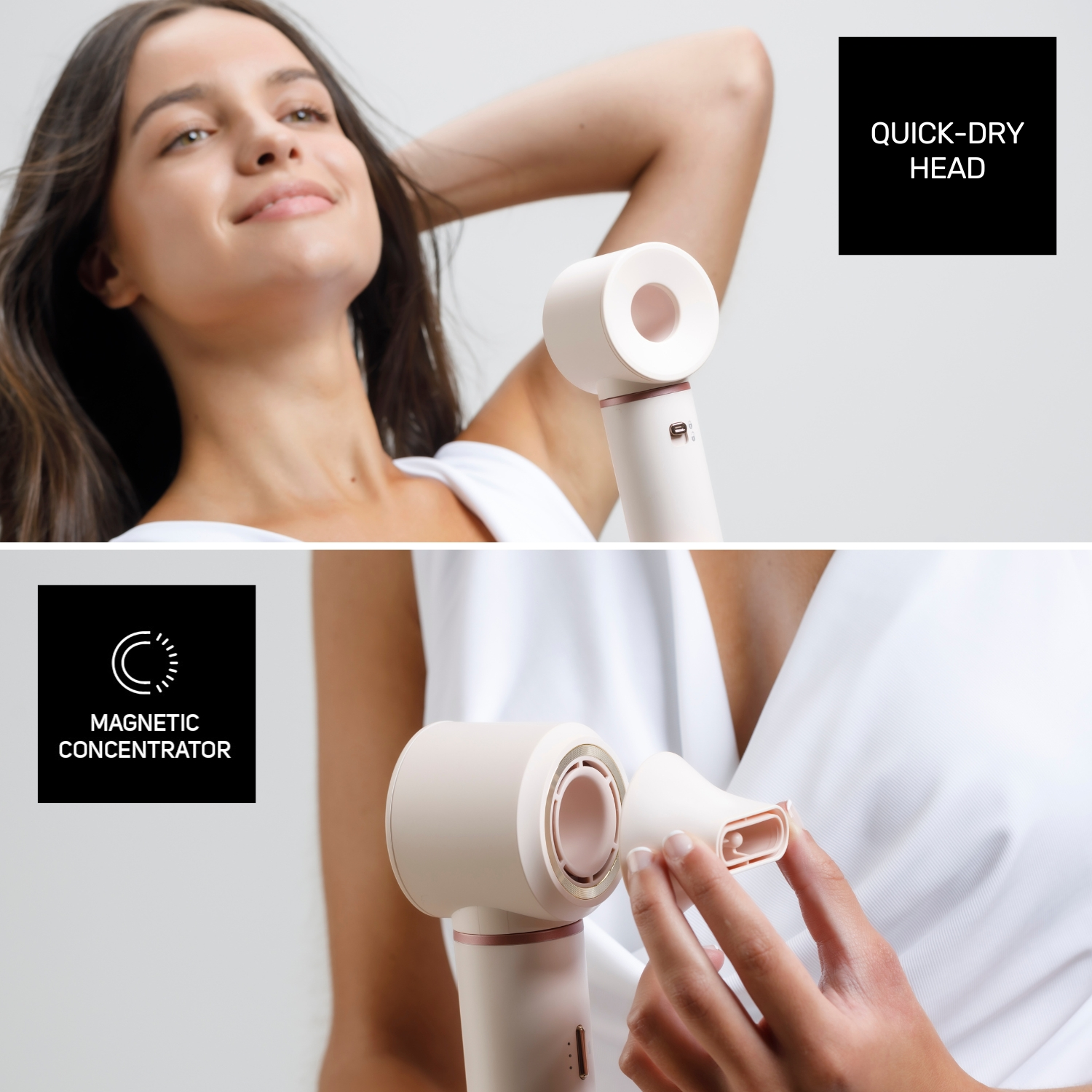 Una donna usa un asciugacapelli. L'asciugacapelli è bianco sporco e oro rosa. Due blocchi di testo mostrano 'QUICK-DRY HEAD' e 'MAGNETIC CONCENTRATOR'.