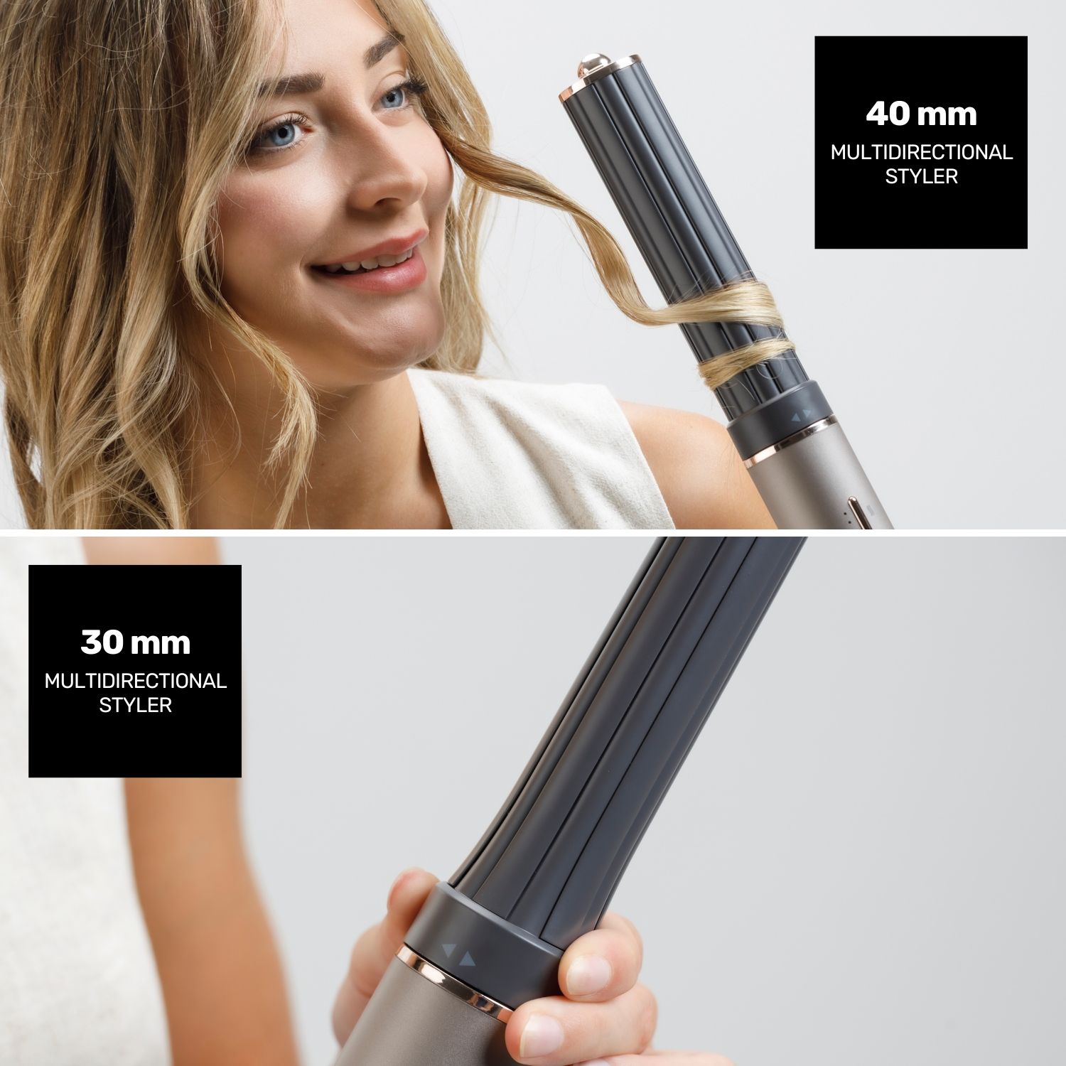 Una mujer se riza el pelo con un moldeador. Es un moldeador multidireccional de 40 mm. También hay un moldeador de 30 mm en la imagen.