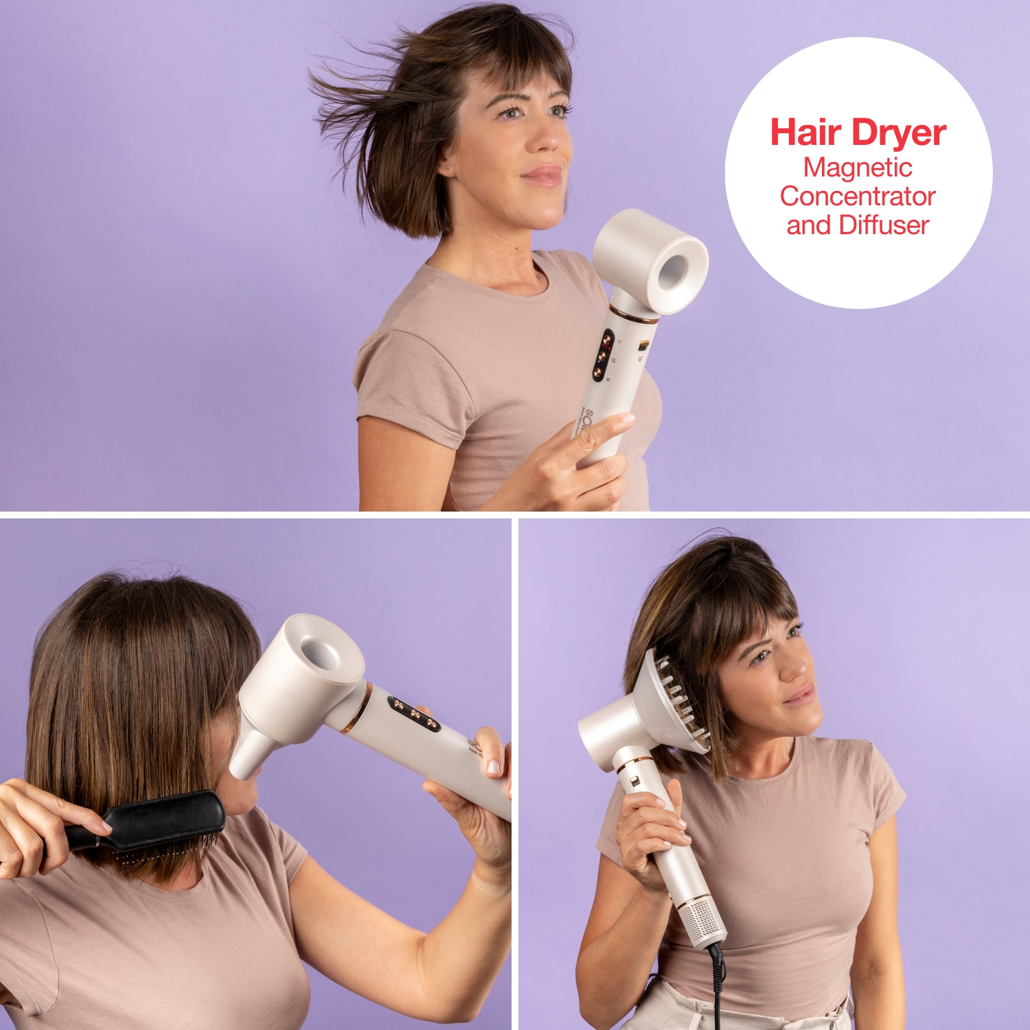 Mujer con secador de pelo, mostrando diferentes accesorios. Lo sostiene y lo usa en su cabello. El fondo es morado.