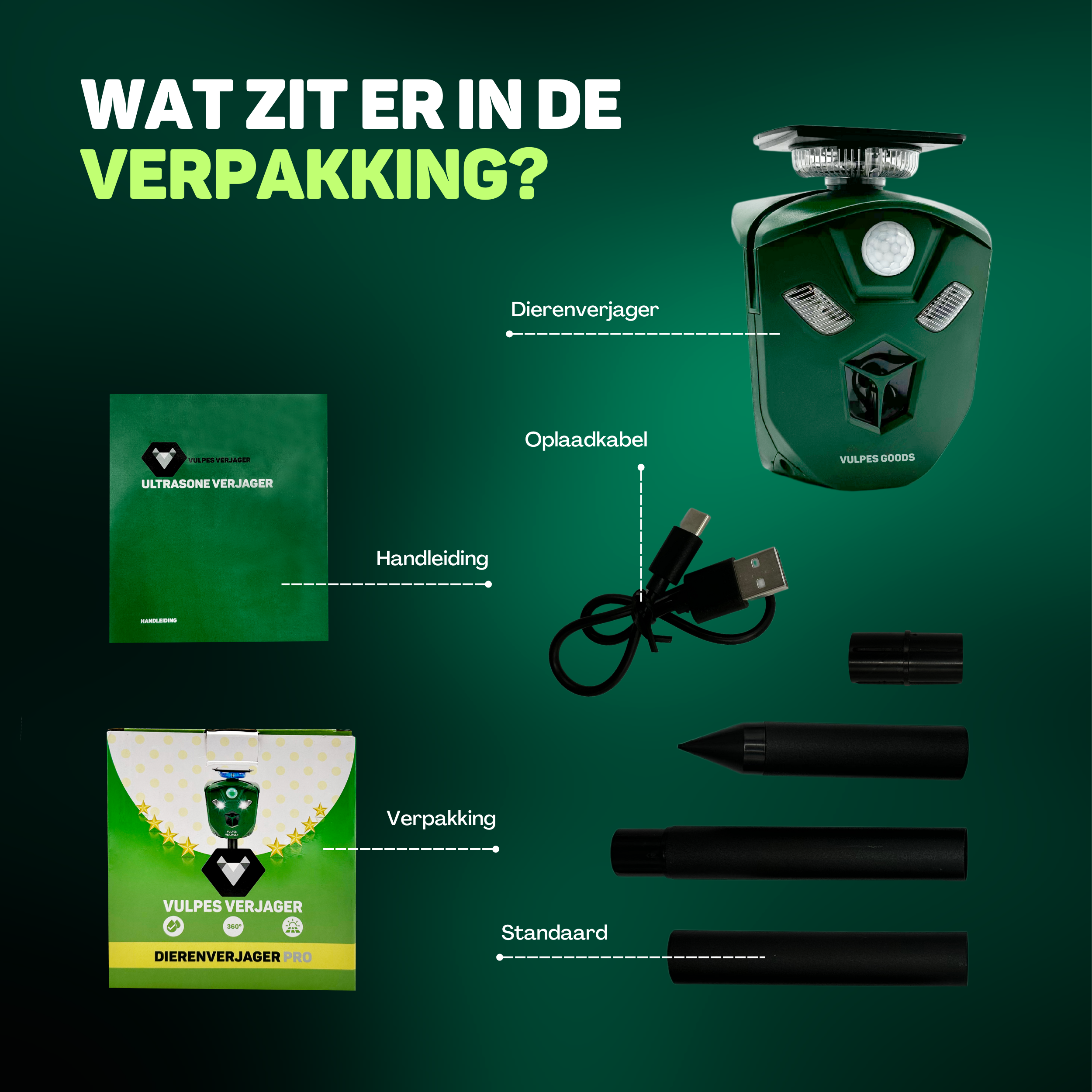Image shows a green device, packaging, manual, charging cable, and stand.