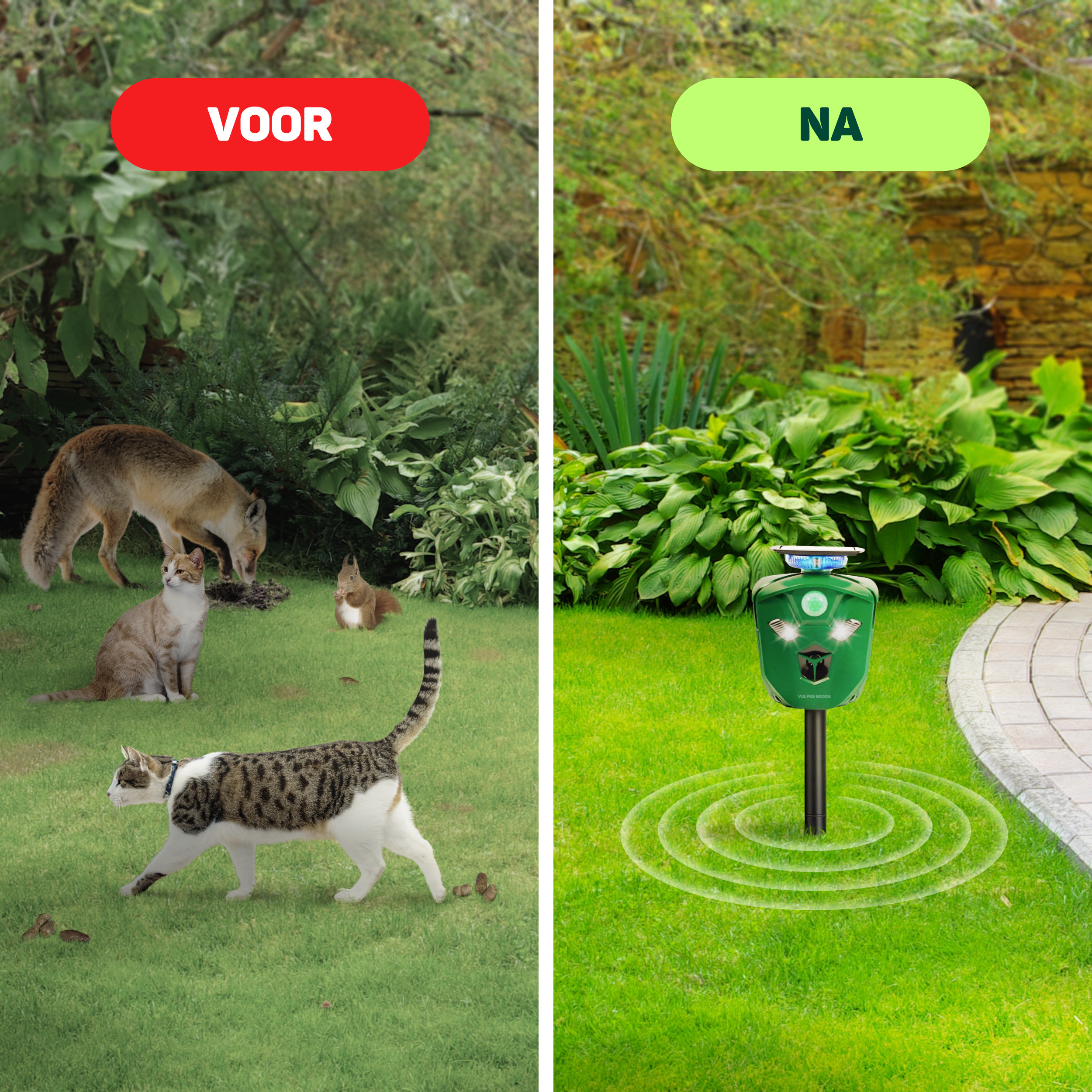 Image shows a before and after of a garden. Before: fox, cats, and squirrel. After: a device emits sound waves.
