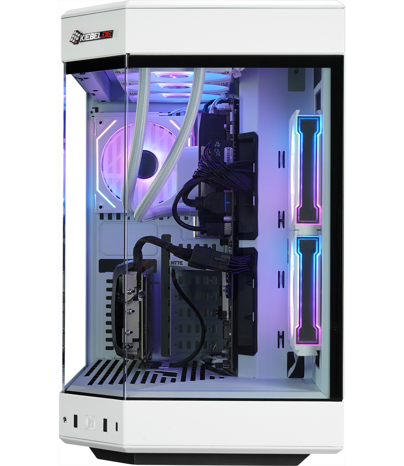 A white computer case with glass panel. Inside are components like a fan, liquid cooling tubes, and a graphics card, lit with RGB.