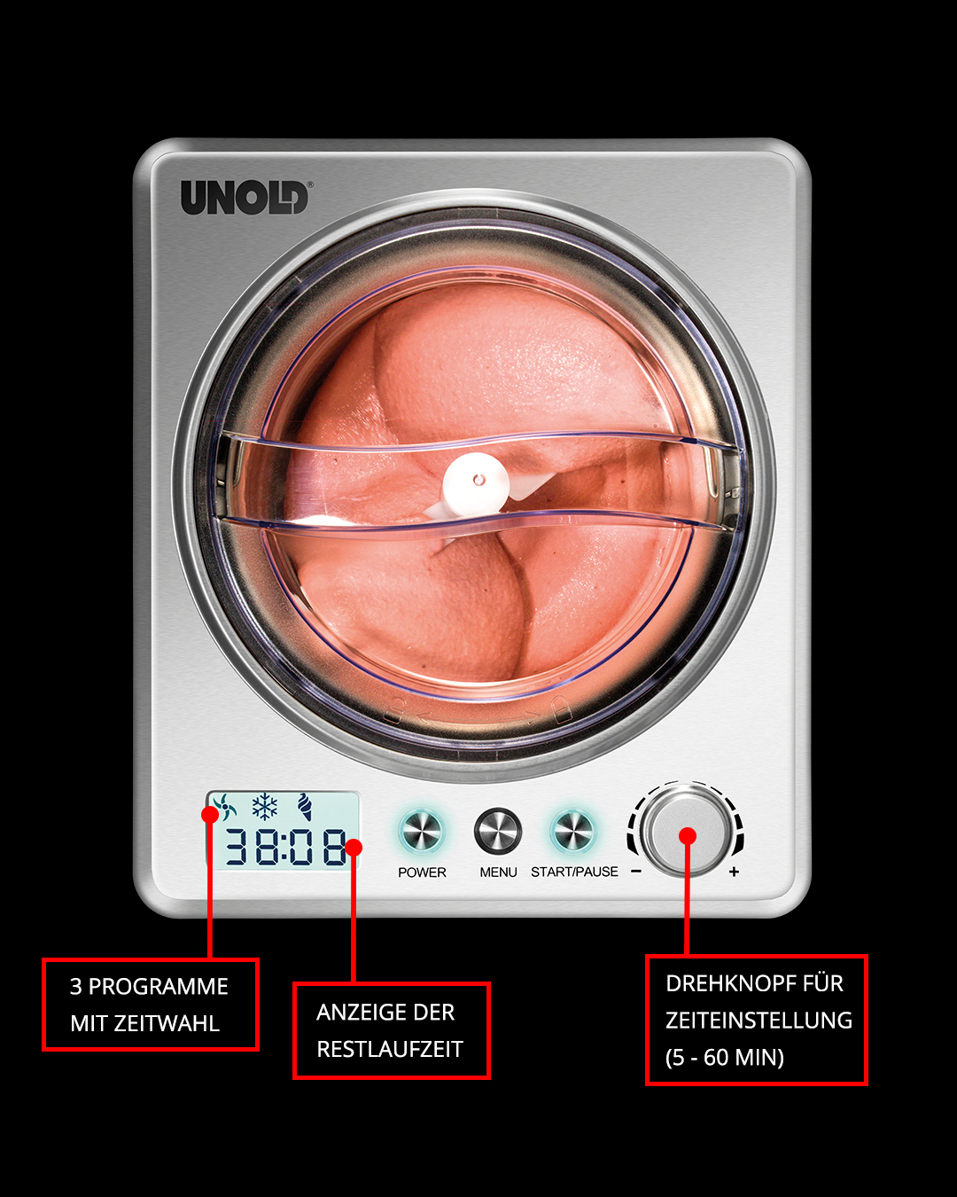 Eismaschine mit rosa Inhalt durch den transparenten Deckel sichtbar. Digitalanzeige und Knöpfe. Marke UNOLD.