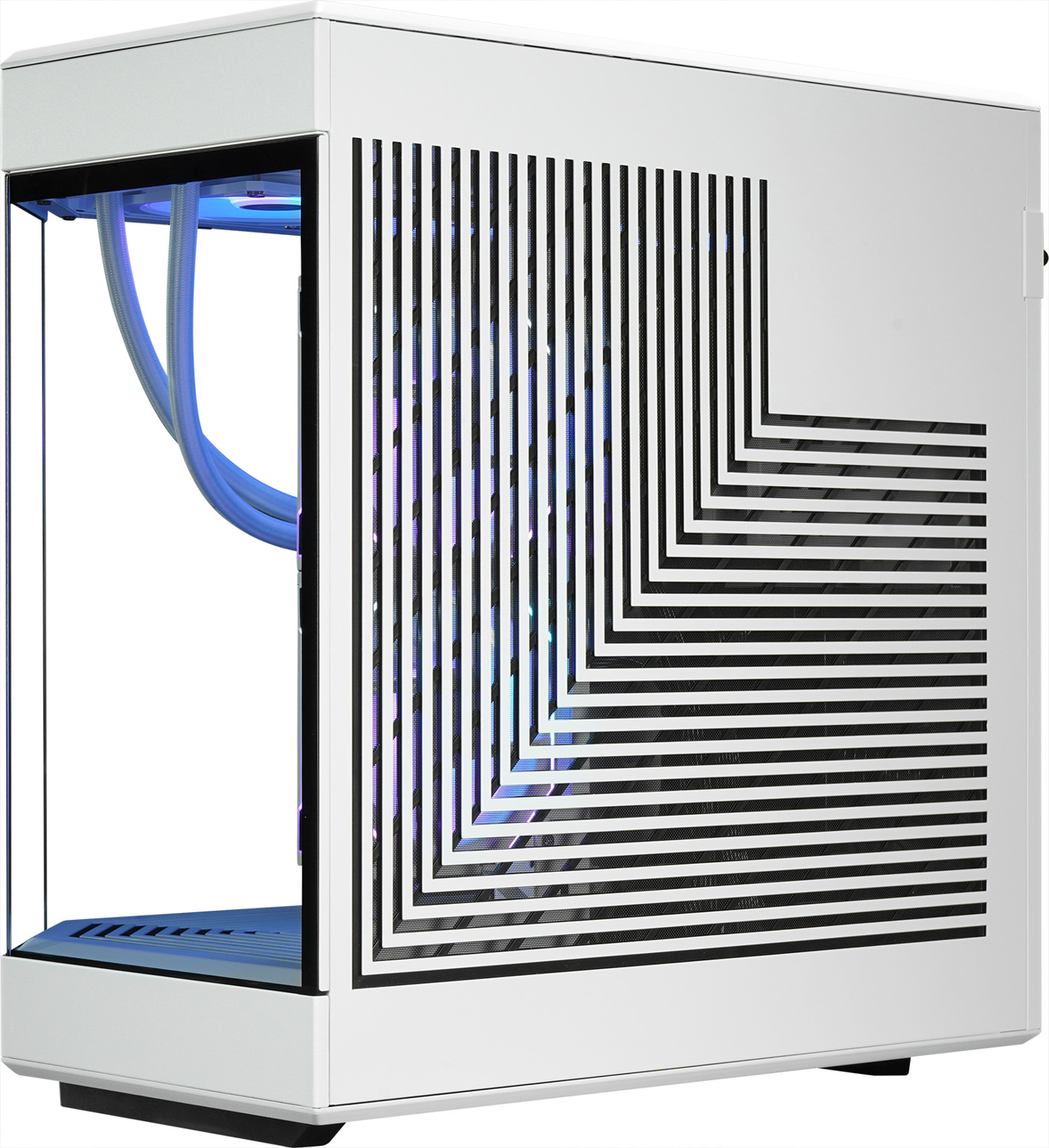 A white computer case with a glass side panel. It has black geometric patterns and blue water cooling tubes inside.