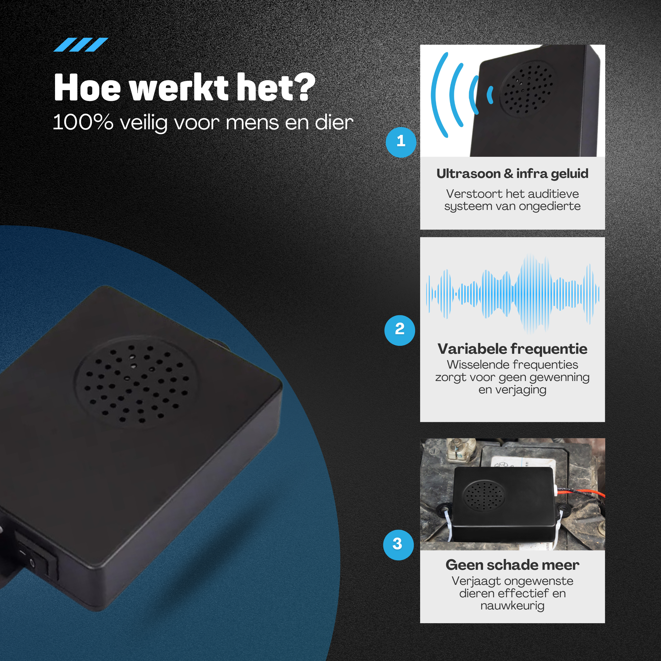 A black device with a speaker. Text explains how it works, using ultrasound to deter pests. Blue background.