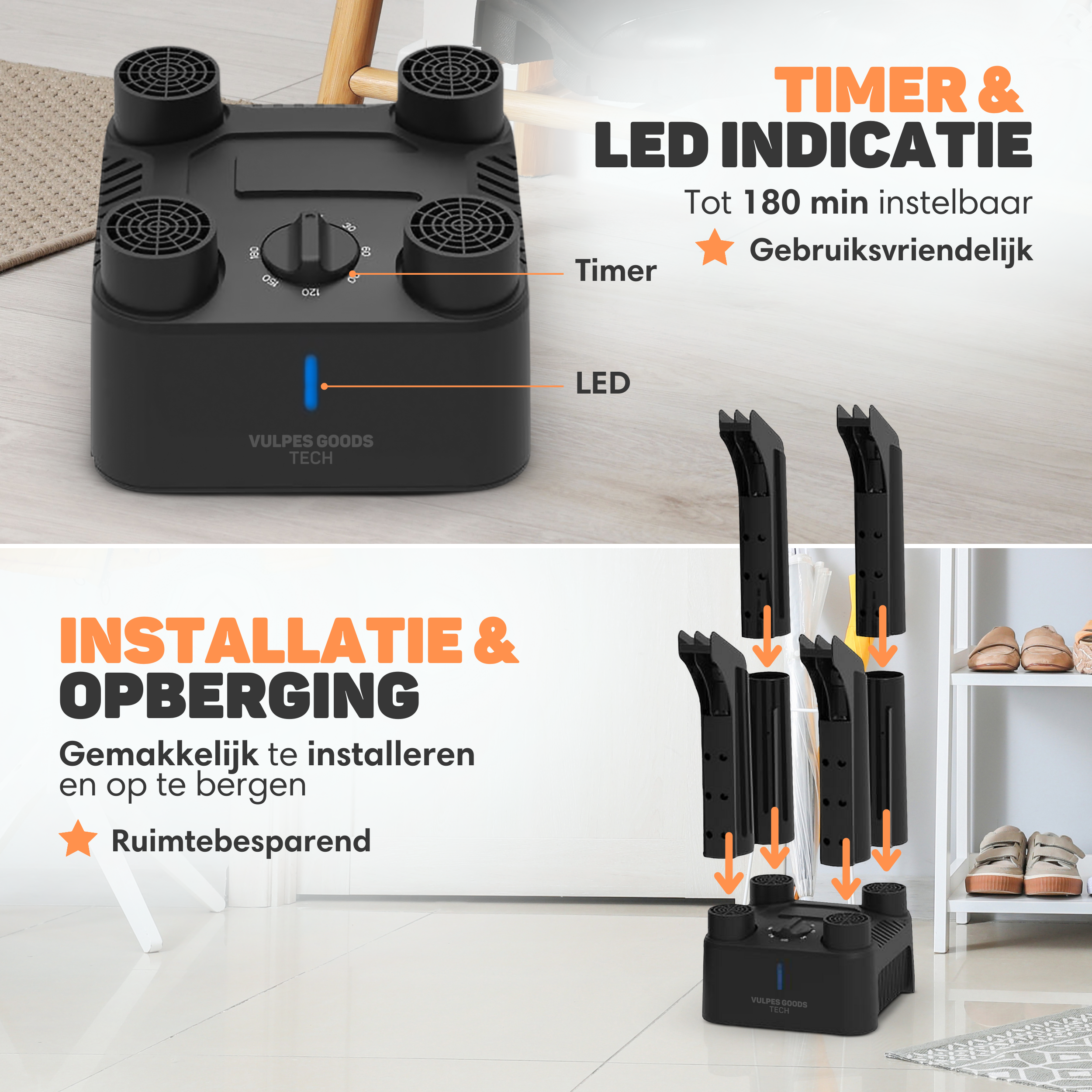 Zwarte schoenendroger met timer en LED-indicator. Inclusief droogopzetstukken. Tekst geeft eenvoudige installatie en opslag aan.