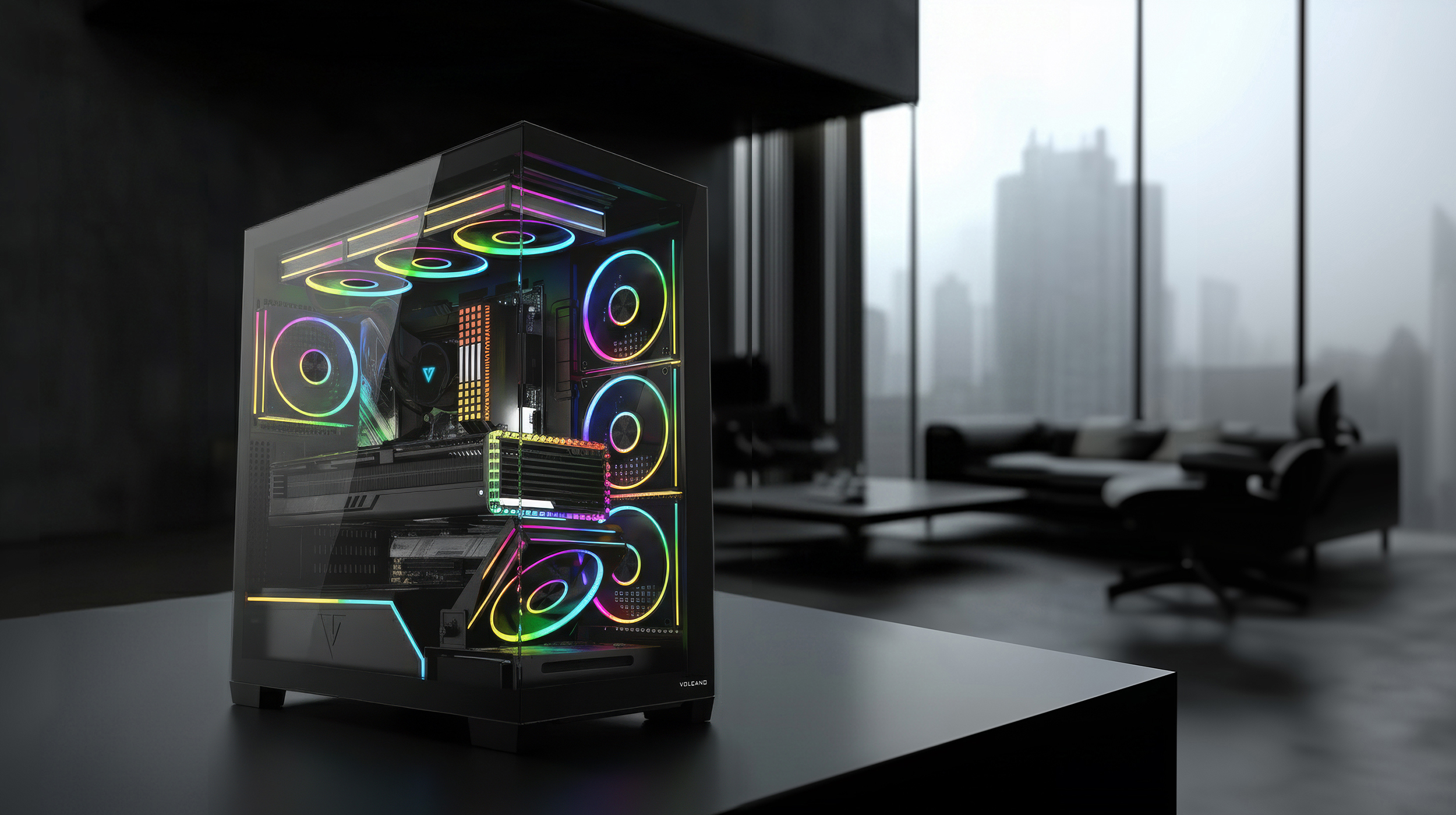 Obudowa komputera z kolorowymi światłami stoi na czarnym stole. Rozmyty pokój z kanapą i oknami jest w tle.