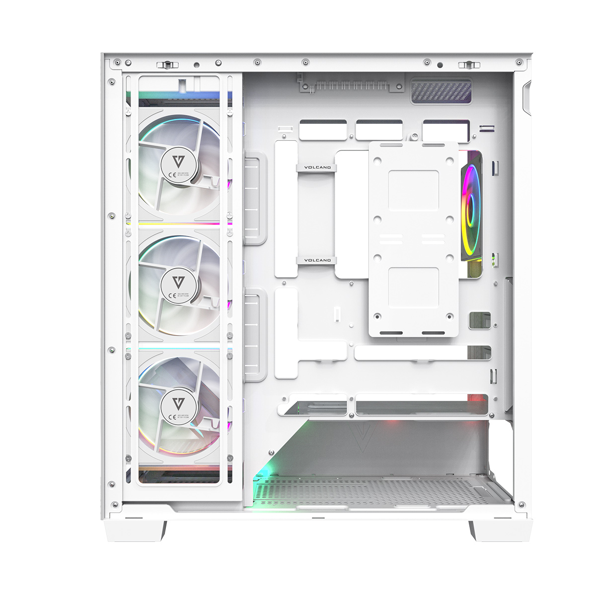 Białe wnętrze obudowy komputera. Trzy wentylatory z diodami LED po lewej, puste przestrzenie pośrodku i wentylator LED z tęczą po prawej.