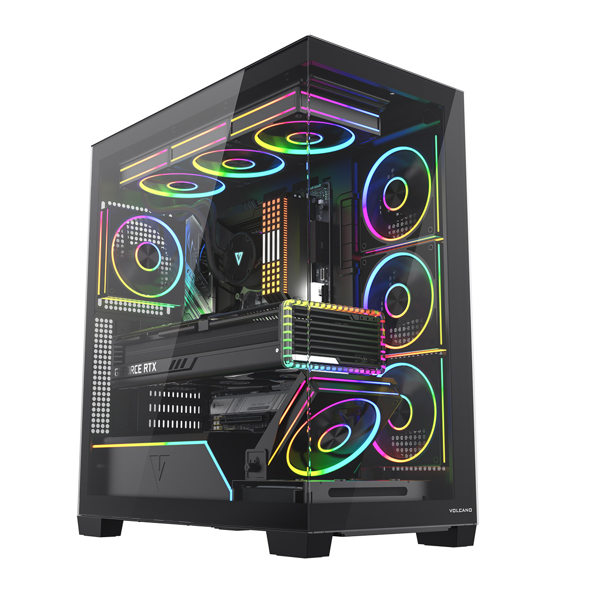 Obudowa komputera z szklanymi panelami. Posiada kolorowe wentylatory LED i komponenty. Obudowa jest czarna, z wyraźnym widokiem na wnętrze.