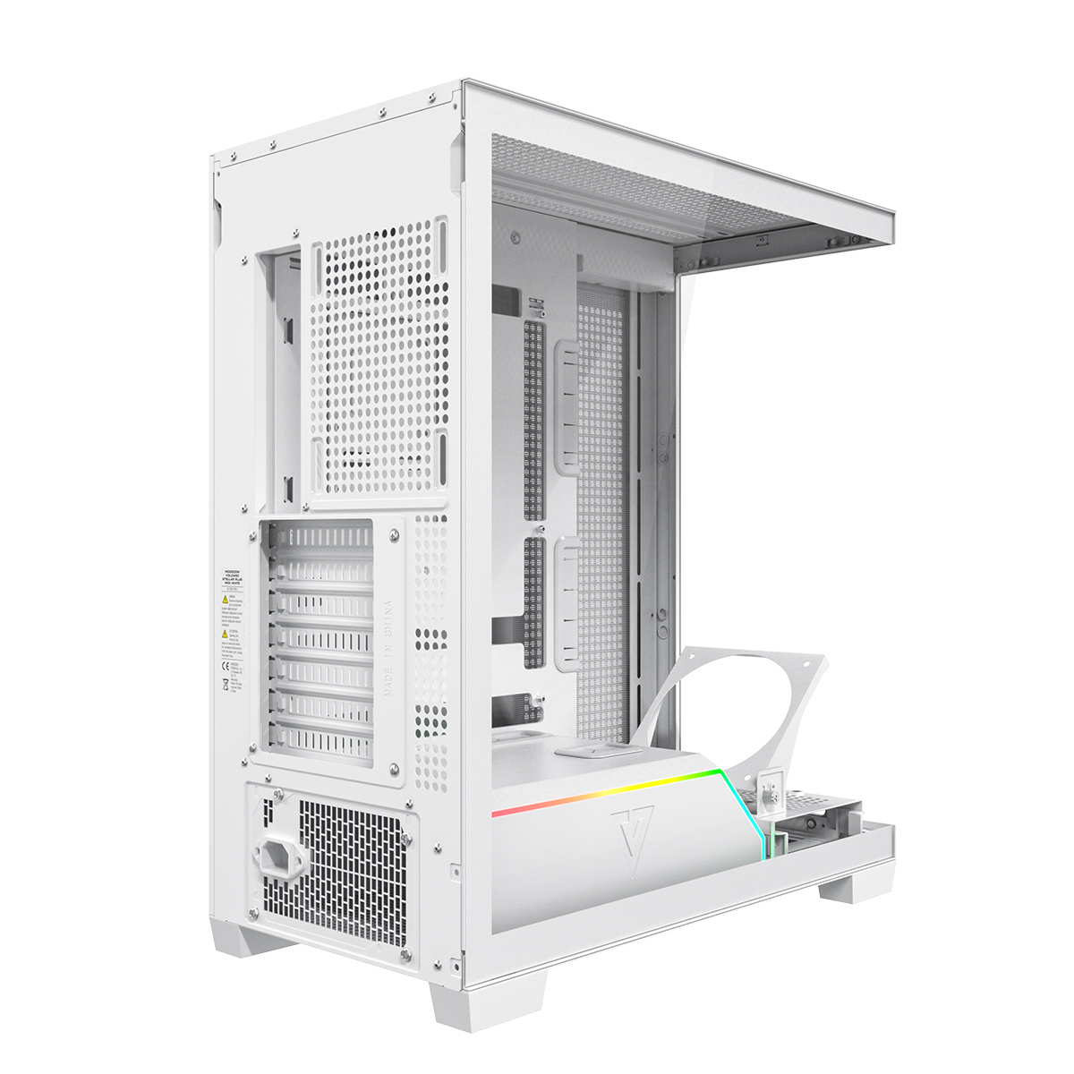 Biała obudowa komputera z otwartym bokiem, prezentująca wewnętrzne komponenty. Posiada perforowane panele, przezroczysty panel boczny i oświetlenie RGB.