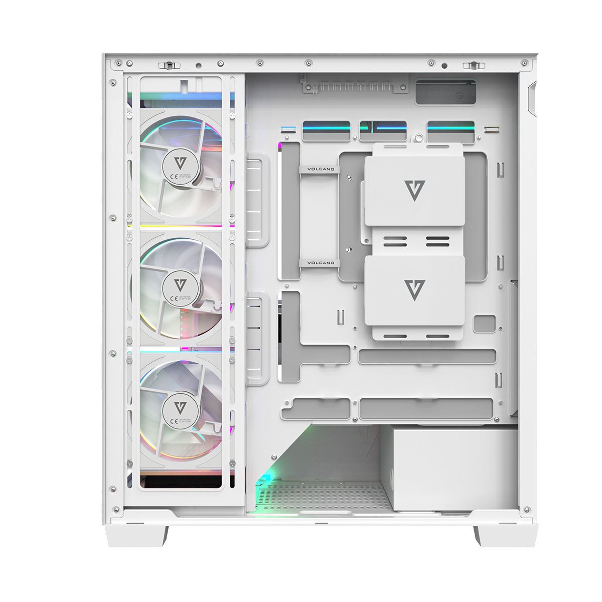 Białe wnętrze obudowy komputera. Trzy wentylatory po lewej, prostokątne przegrody i obszar zasilacza po prawej.