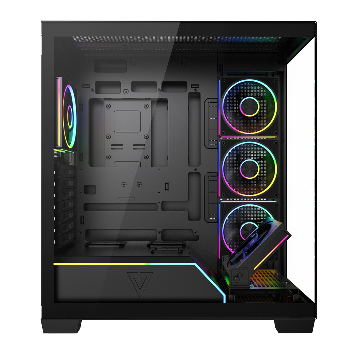 Obudowa komputera ze szklanymi panelami i wentylatorami RGB. Widoczne wnętrze, z obszarami montażu i komorą zasilacza.