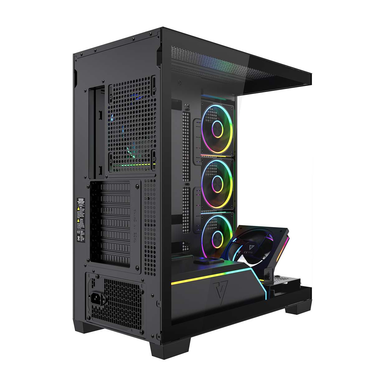 Czarna obudowa komputera z otwartym bokiem, wewnętrznymi wentylatorami z tęczowymi światłami i szklanym panelem bocznym.