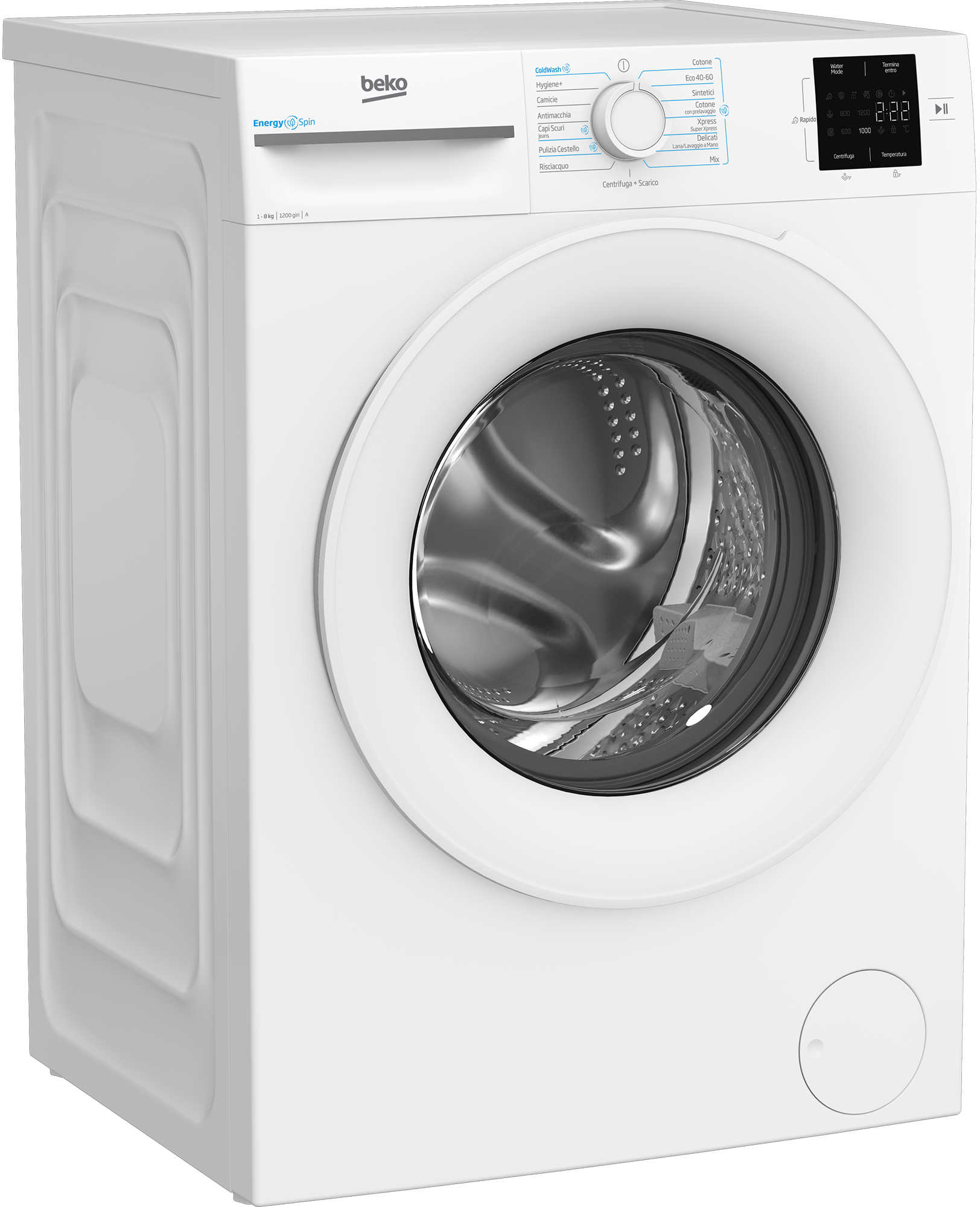 Una lavatrice Beko bianca con porta rotonda. Ha un pannello di controllo e un display digitale.