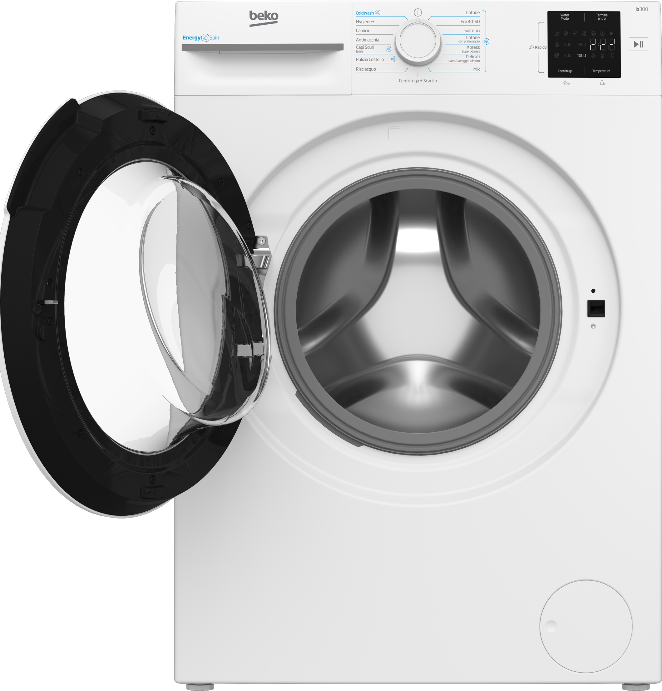 Lavatrice Beko bianca con porta nera aperta. Pannello di controllo e display visibili.