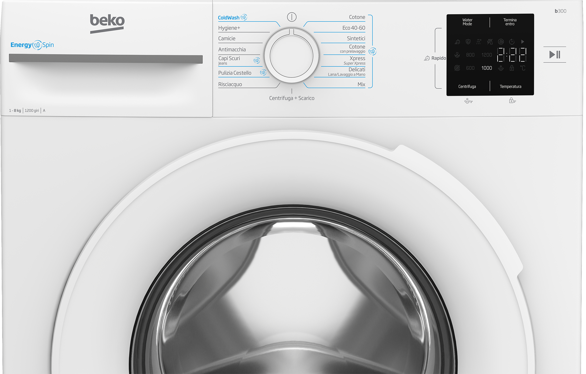 Una lavatrice Beko bianca con opzioni di programma. Un display digitale mostra il tempo rimanente. L'oblò è chiuso.