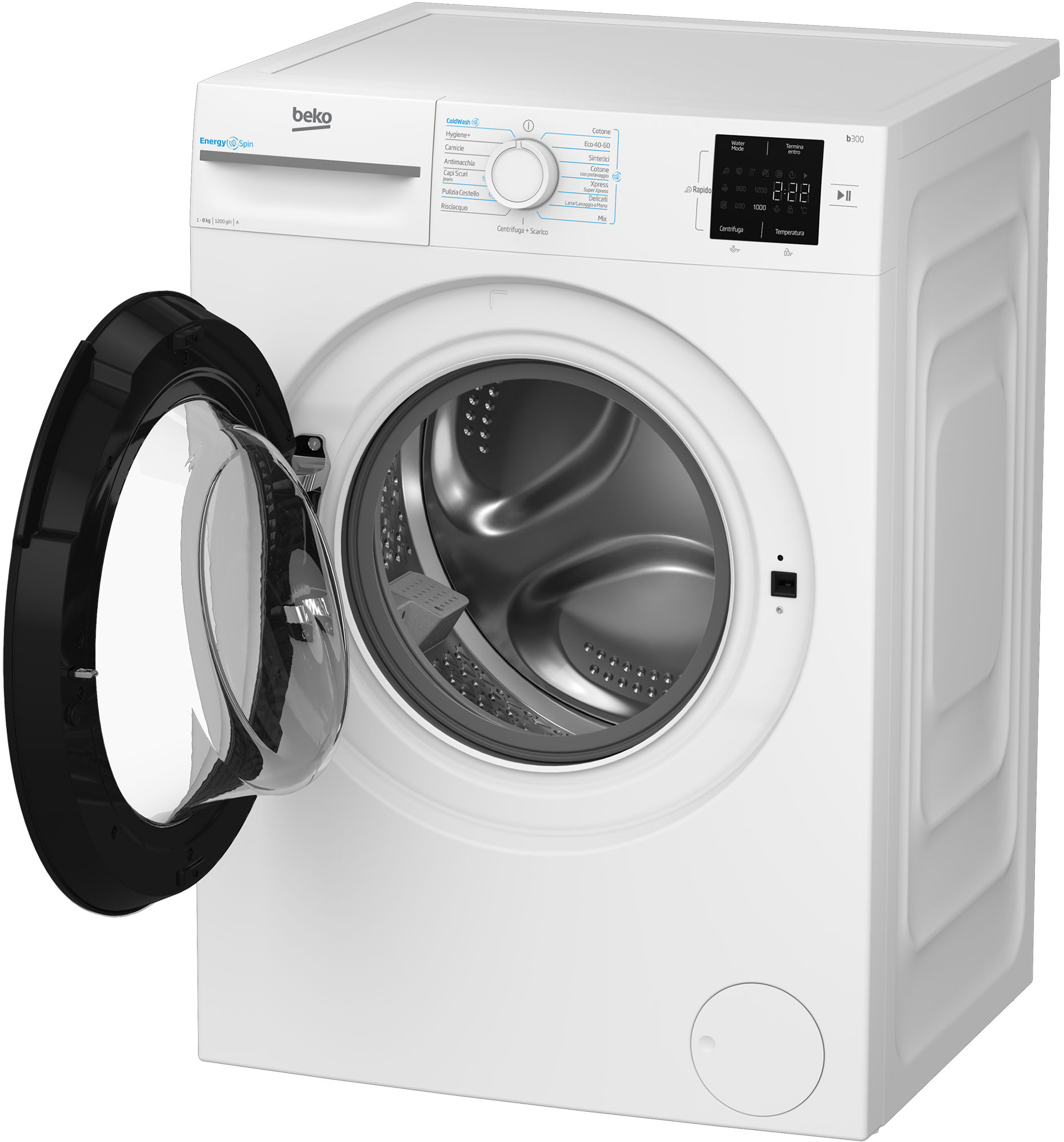 Una lavatrice Beko bianca con sportello nero aperto, comandi e display digitale che mostra l'ora.