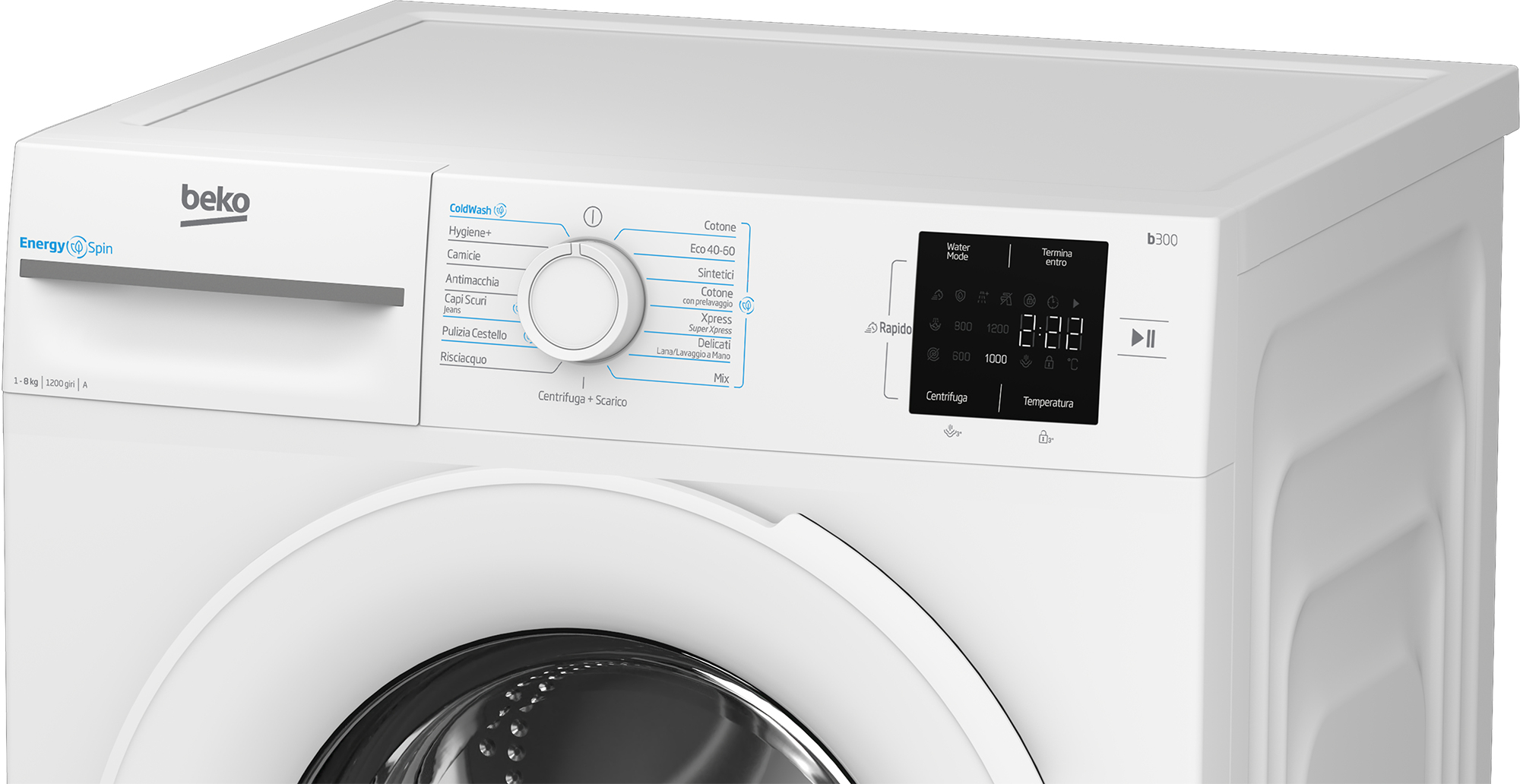 Una lavatrice Beko bianca. Ha un pannello di controllo con pulsanti e un quadrante. Il display mostra '2:22'.