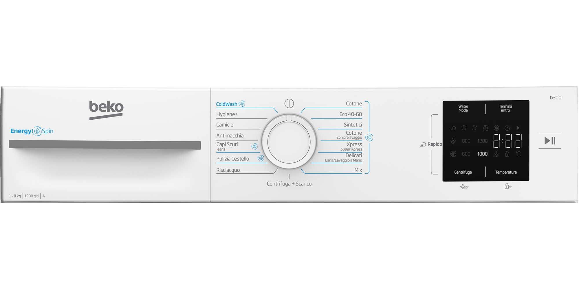 Pannello di controllo bianco della lavatrice Beko. Dispone di un quadrante per i cicli di lavaggio, un display digitale e vari pulsanti.