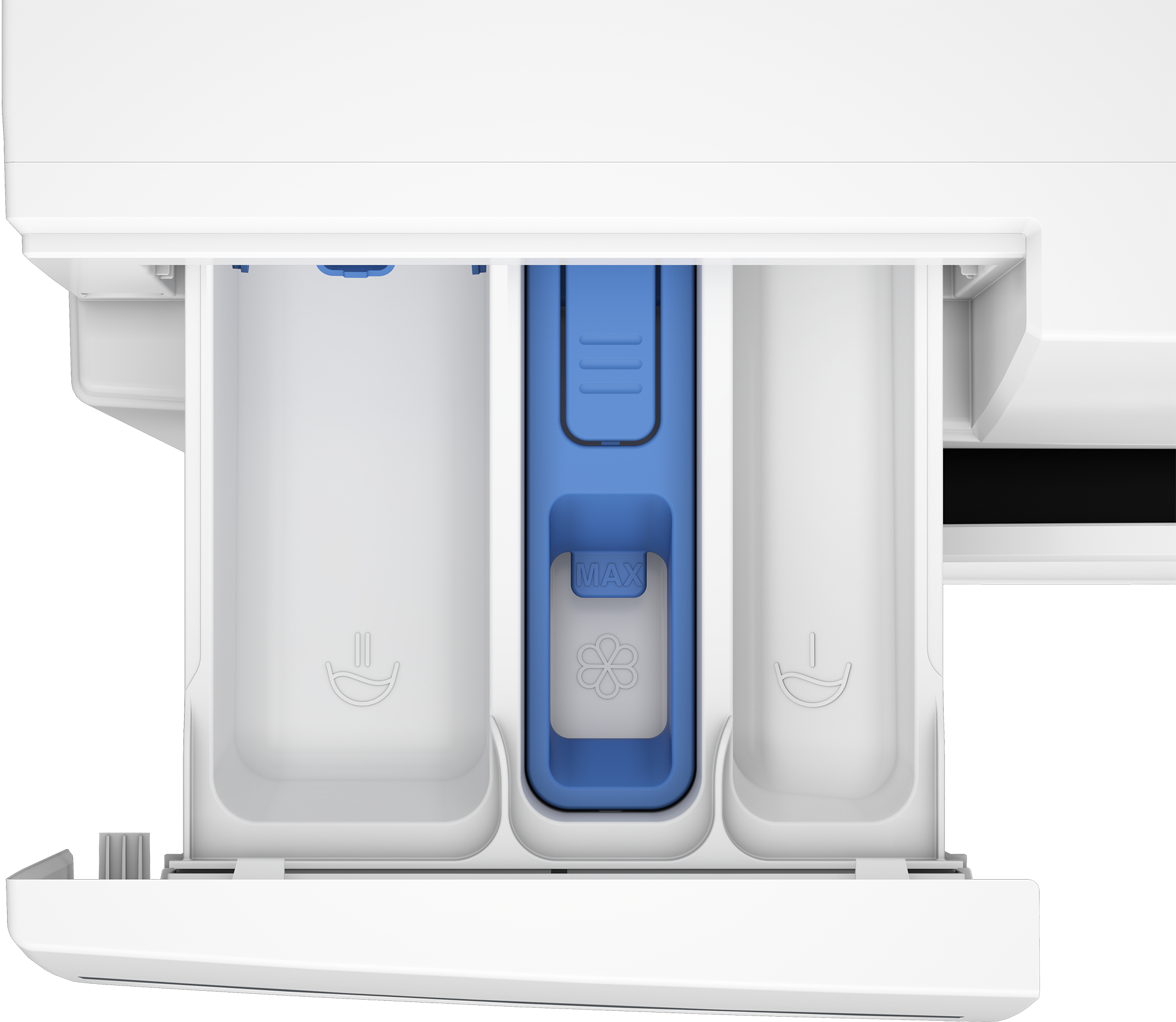 Primo piano di un dispenser di detersivo bianco con scomparti blu e bianchi.