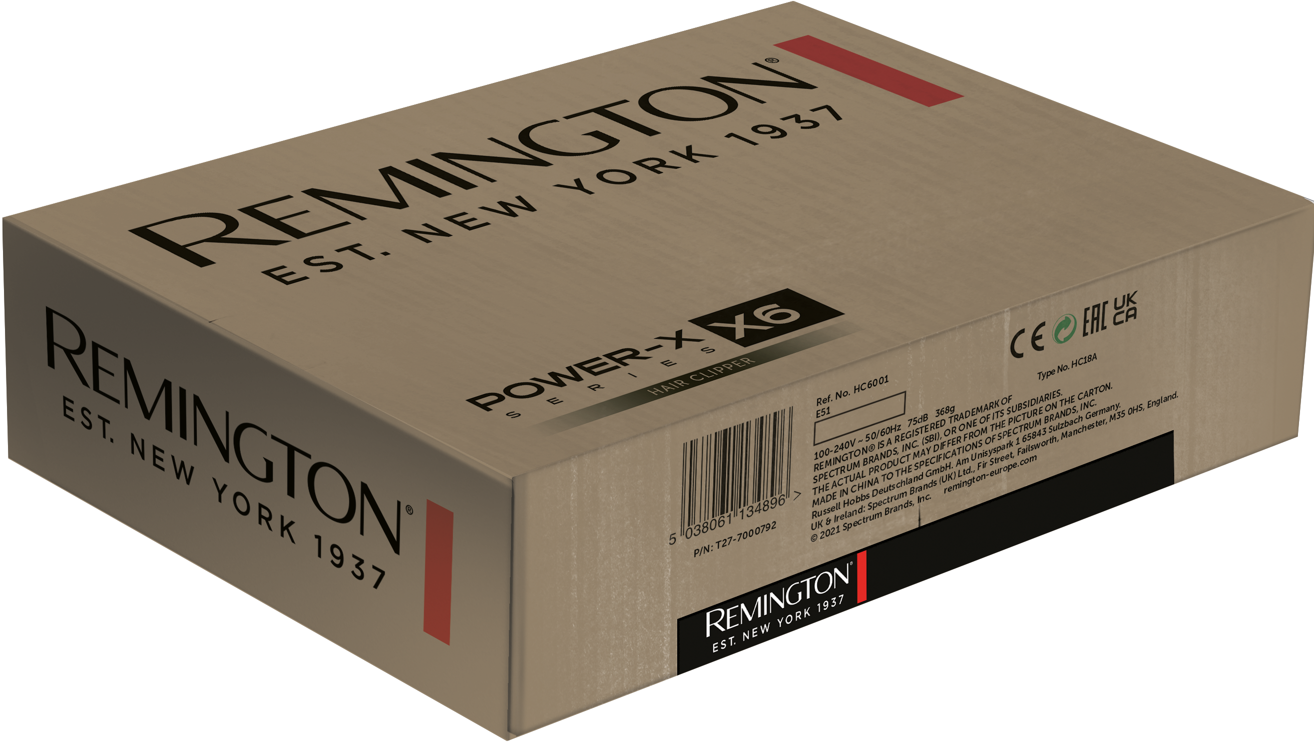 Remington Power-X6 saç kesme makinesi kutusu. Siyah yazılar ve kırmızı detaylarla kahverengi.