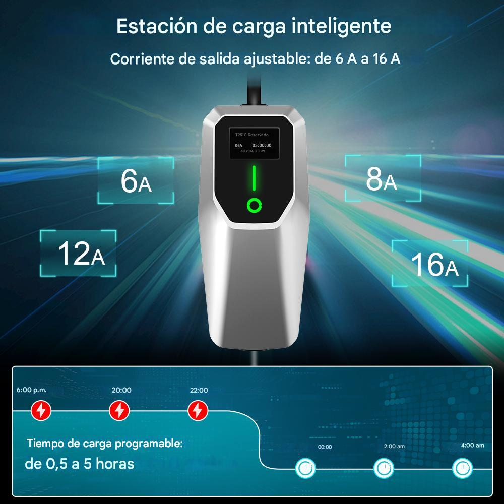 Una estación de carga inteligente con pantalla que muestra detalles de carga. Muestra corriente ajustable de 6A a 16A y tiempo programable.