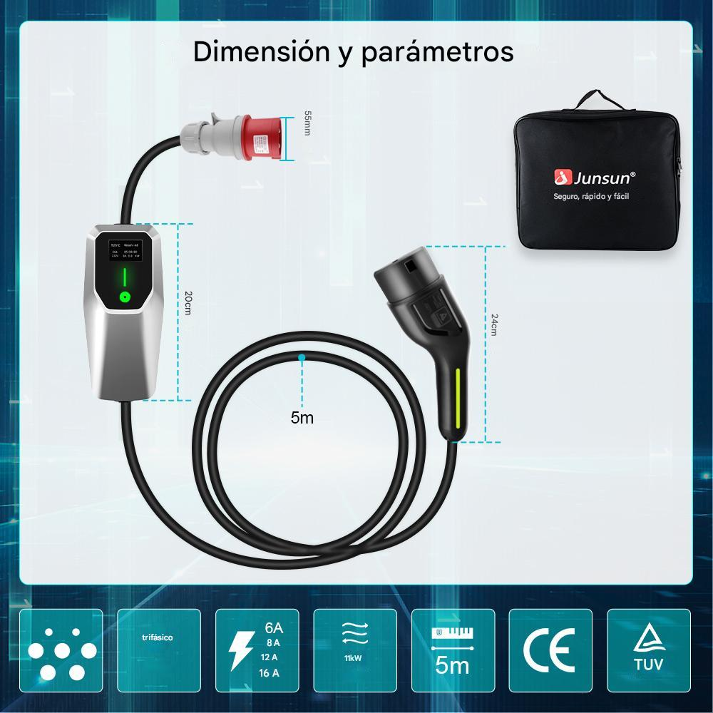 Se muestra un cargador de vehículos eléctricos con dimensiones. Incluye un cable de carga, una bolsa con el logotipo de JunSun y varios iconos.