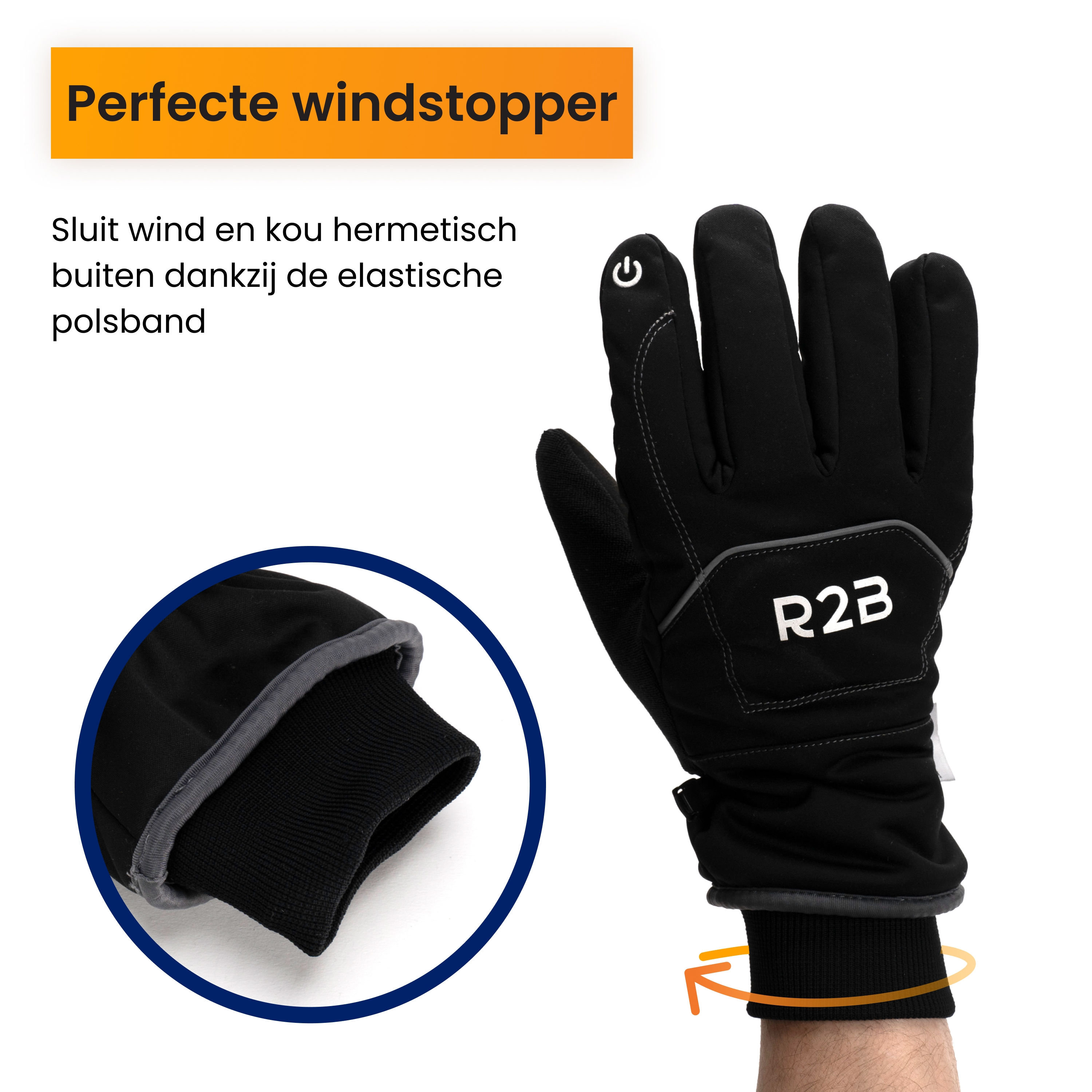 Black glove with power button and R2B logo. Orange text and circle around the wrist, blue circle around cuff.