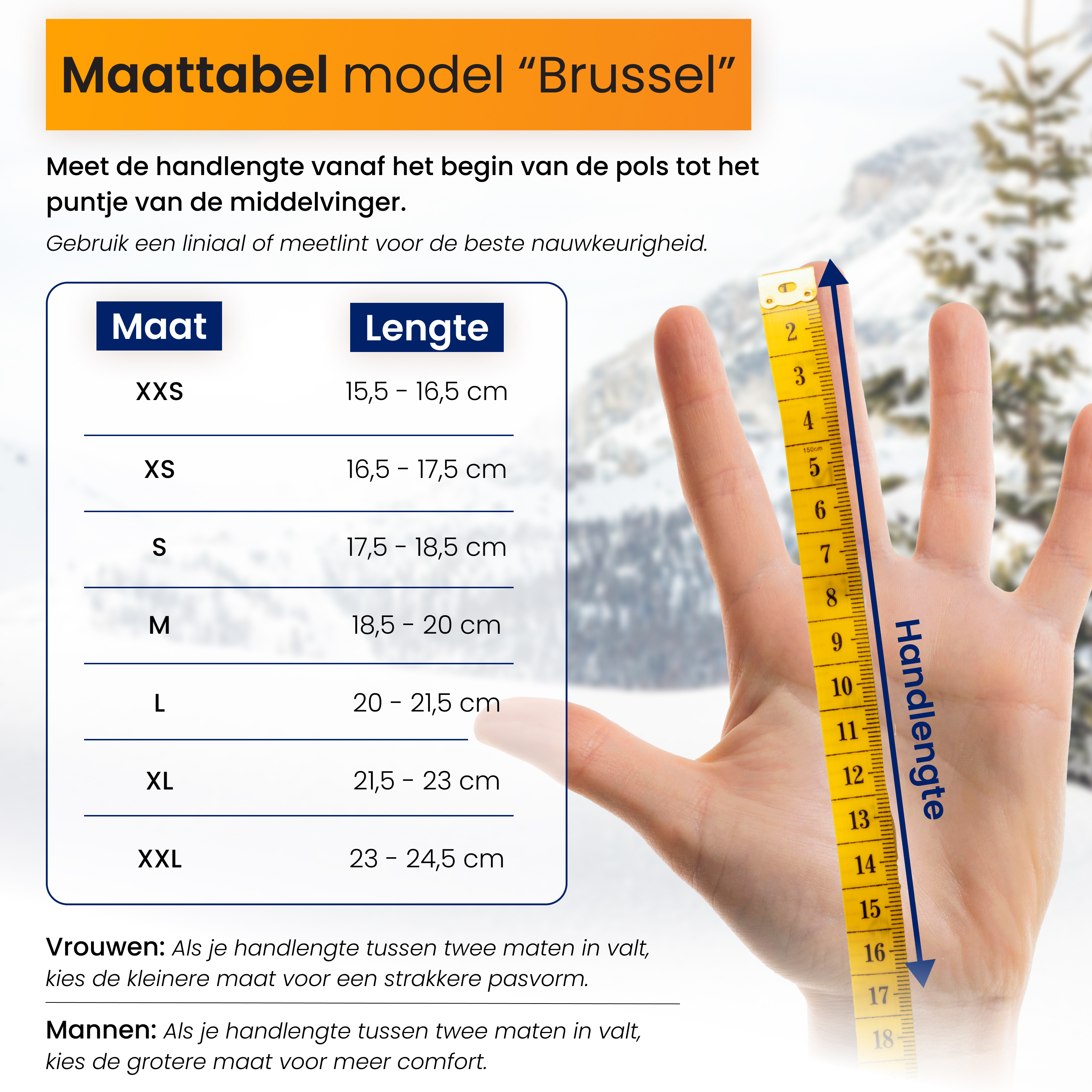 Hand measuring with a yellow tape measure, and a size chart for gloves, on a snowy background.