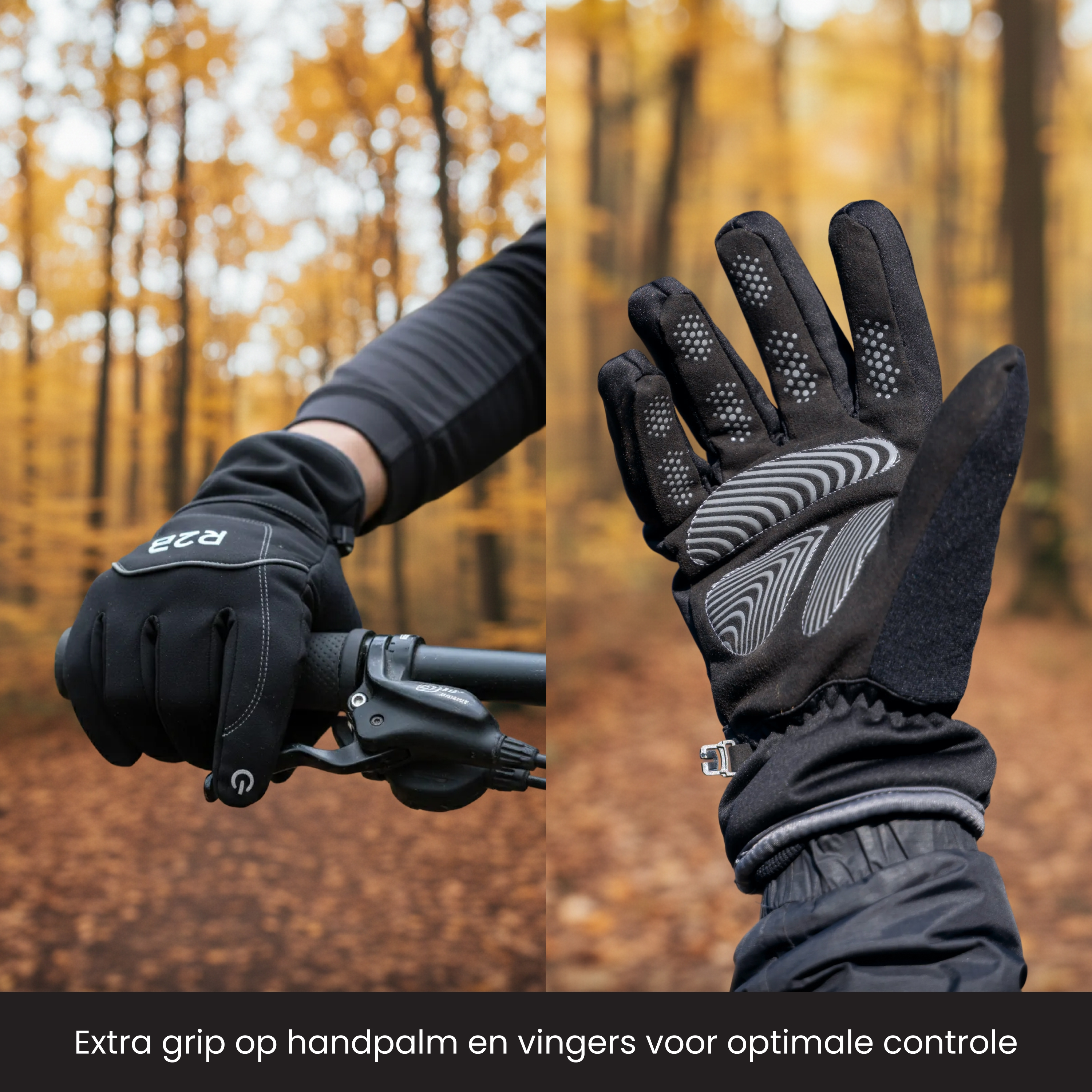 Black gloves on hands, holding a bike handlebar. Forest background. The gloves have grip pads.