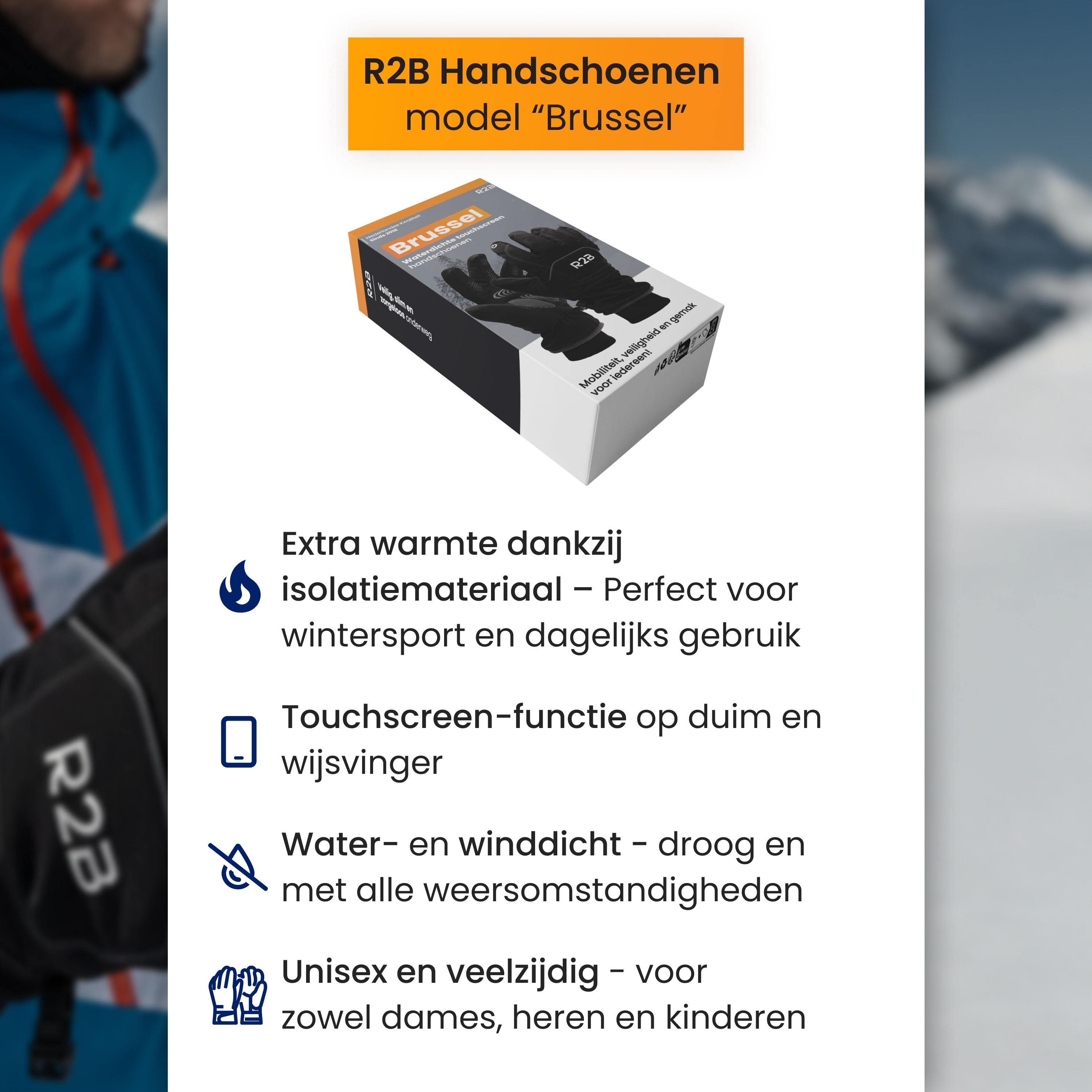 Image shows R2B Brussel touchscreen gloves, with features like warmth, waterproof, and unisex fit.