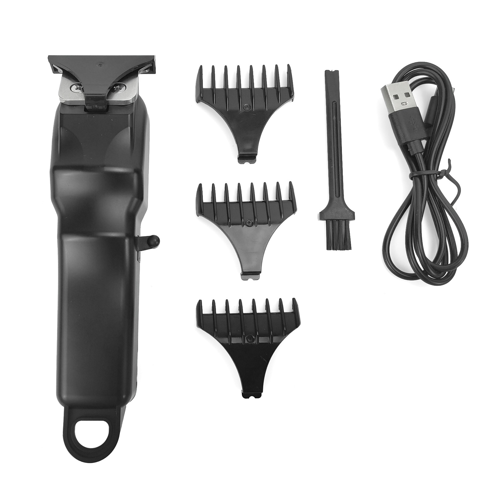 Schwarzer Haarschneider, drei Aufsätze, Reinigungsbürste und USB-Ladekabel auf weißem Hintergrund.