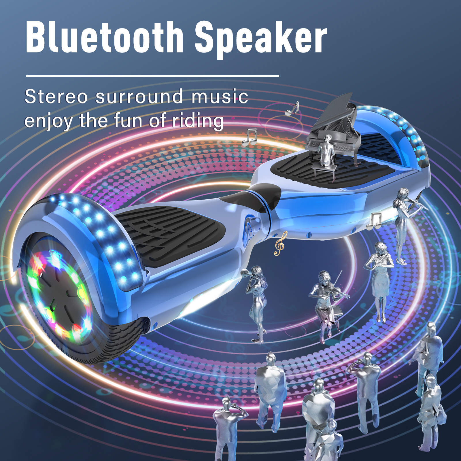 Un hoverboard azul con piano, músicos y notas musicales sobre un fondo colorido. Texto: Altavoz Bluetooth.