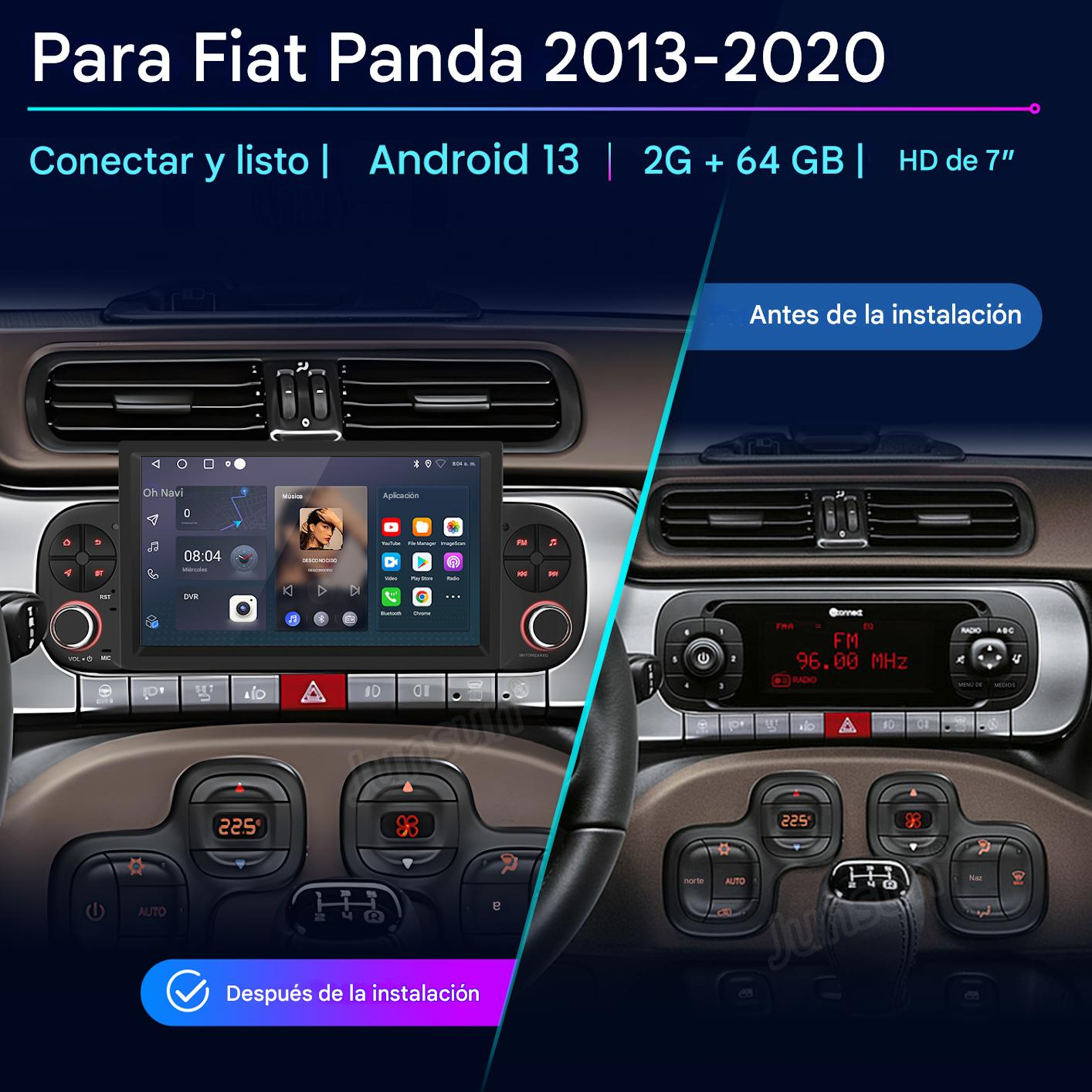 Panel del coche mostrando un nuevo sistema Android instalado, comparado con el original. Incluye radio y navegación.