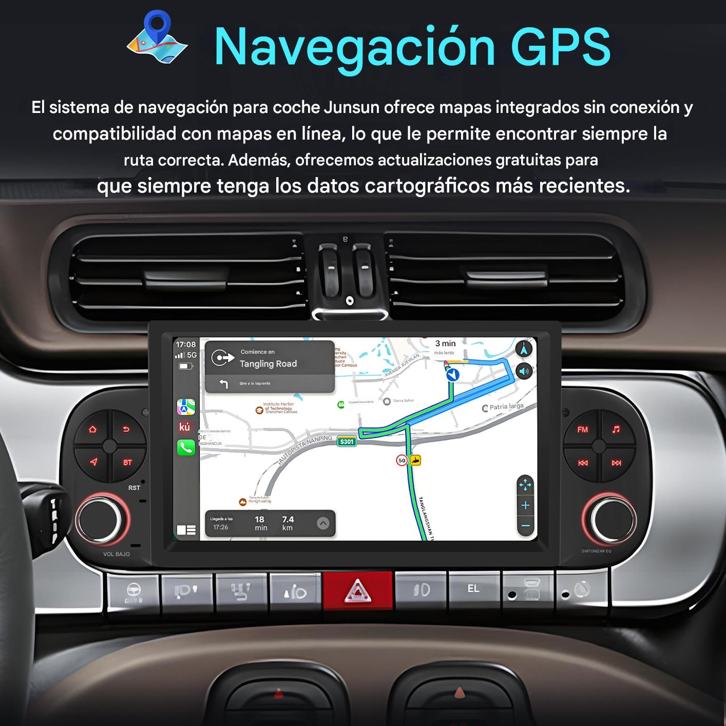 Panel de coche con navegación GPS. Mapa en pantalla, botones y controles alrededor de la pantalla.