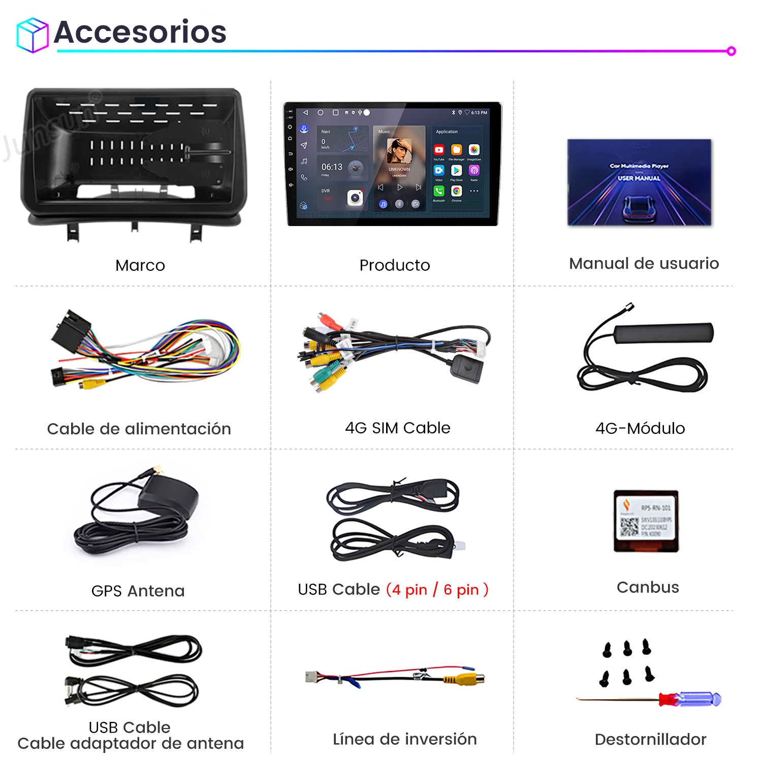 Una exhibición de productos con accesorios multimedia para automóviles, incluyendo cables, antenas y un manual de usuario. Los artículos están etiquetados en español.