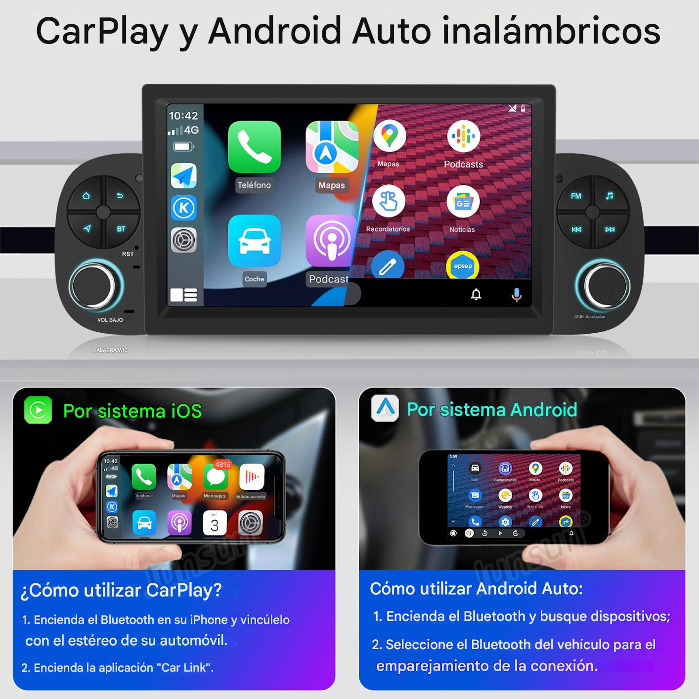 Autorradio con pantalla mostrando aplicaciones. Debajo, instrucciones para iOS y Android, con pantallas de teléfono y coche.