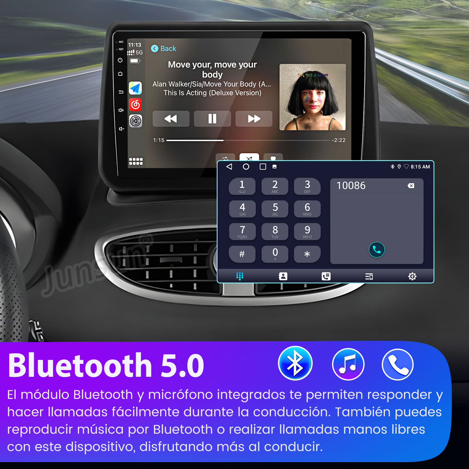Estéreo de coche reproduciendo música con un marcador telefónico. Logotipo Bluetooth 5.0 abajo. Cara de mujer en la pantalla.