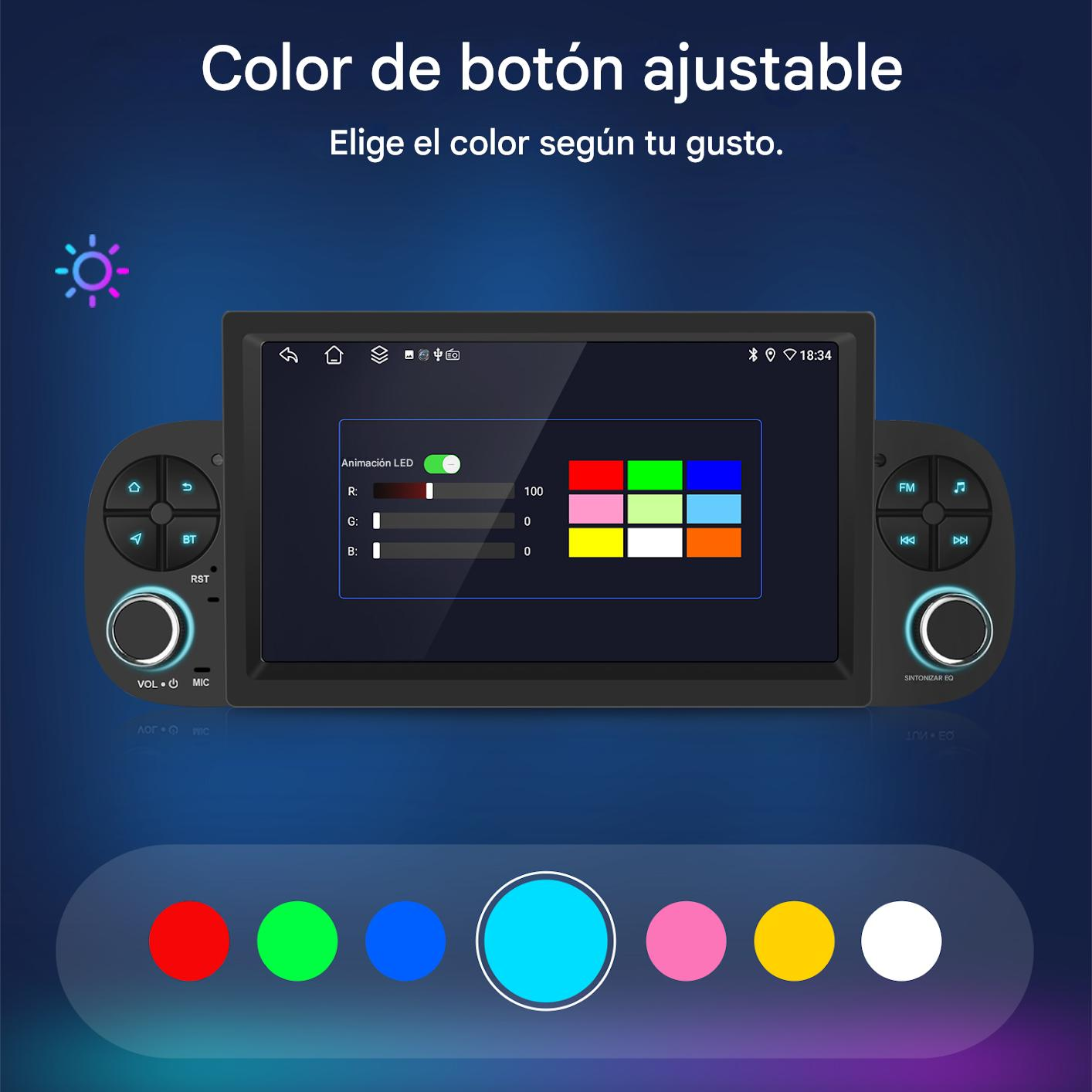 Pantalla de radio de coche con opciones de color. Controles laterales. Texto en español. Opciones de selección de color abajo.