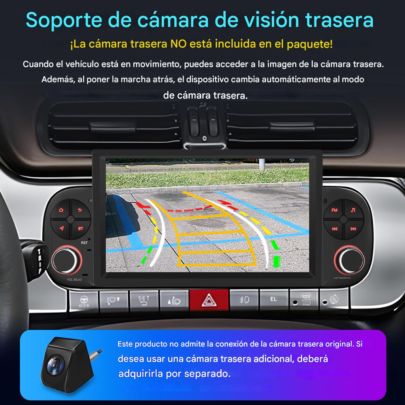 Panel de control del coche mostrando una pantalla de cámara de marcha atrás con líneas de colores. Texto en español. Cámara abajo.