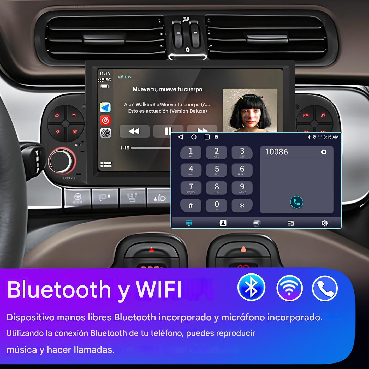 Pantalla de radio del coche mostrando música y una interfaz de marcador telefónico. Logos de Bluetooth y Wifi presentes.