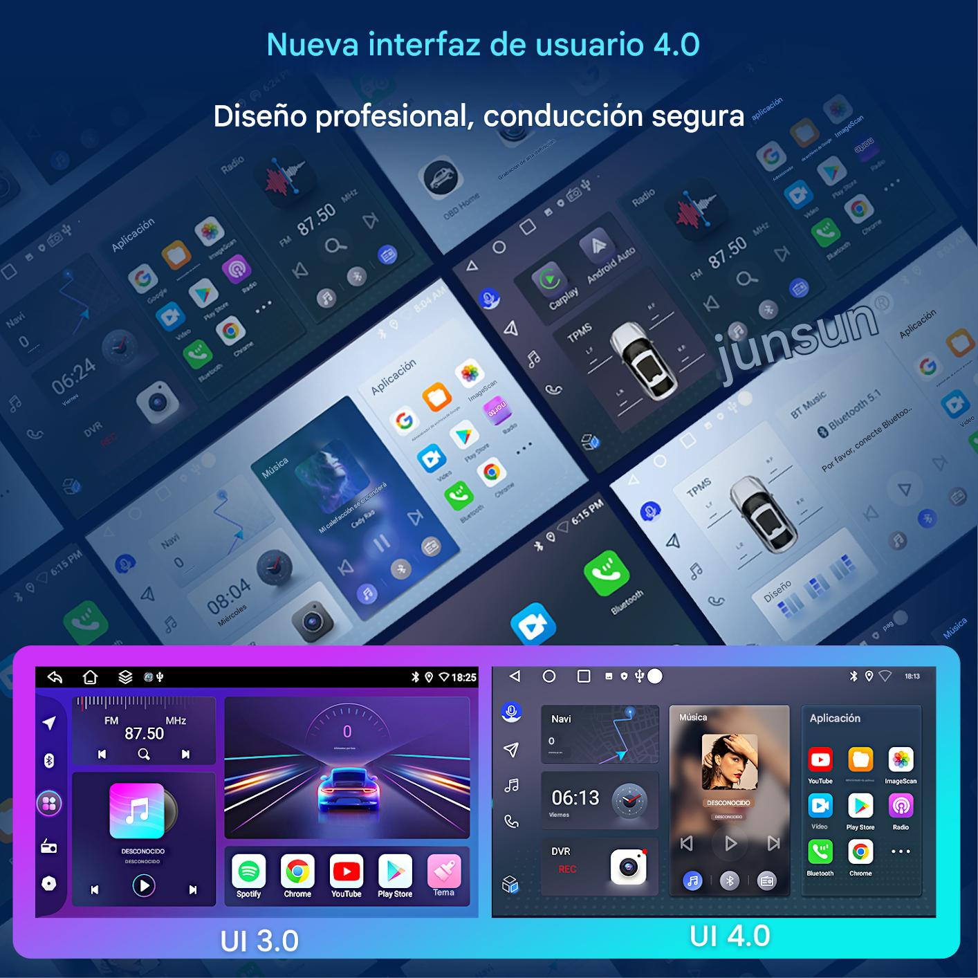 Interfaz del salpicadero del coche con opciones de música, navegación y aplicaciones. Se muestran las versiones UI 3.0 y 4.0.