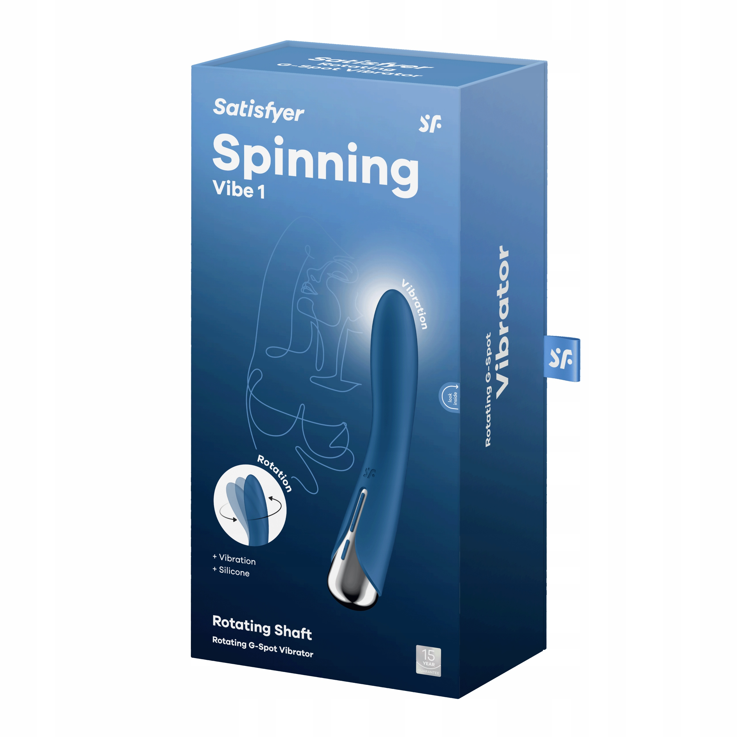 Niebieskie pudełko z Satisfyer Spinning Vibe 1. Pokazuje niebieski wibrator i napis 'Rotating G-Spot Vibrator'.