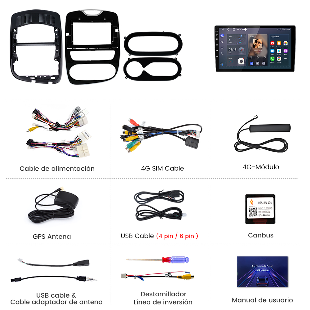 La imagen muestra piezas multimedia para automóviles. Incluye cables, antena, pantalla, destornillador y manuales. Varios componentes para el sistema de audio del automóvil.